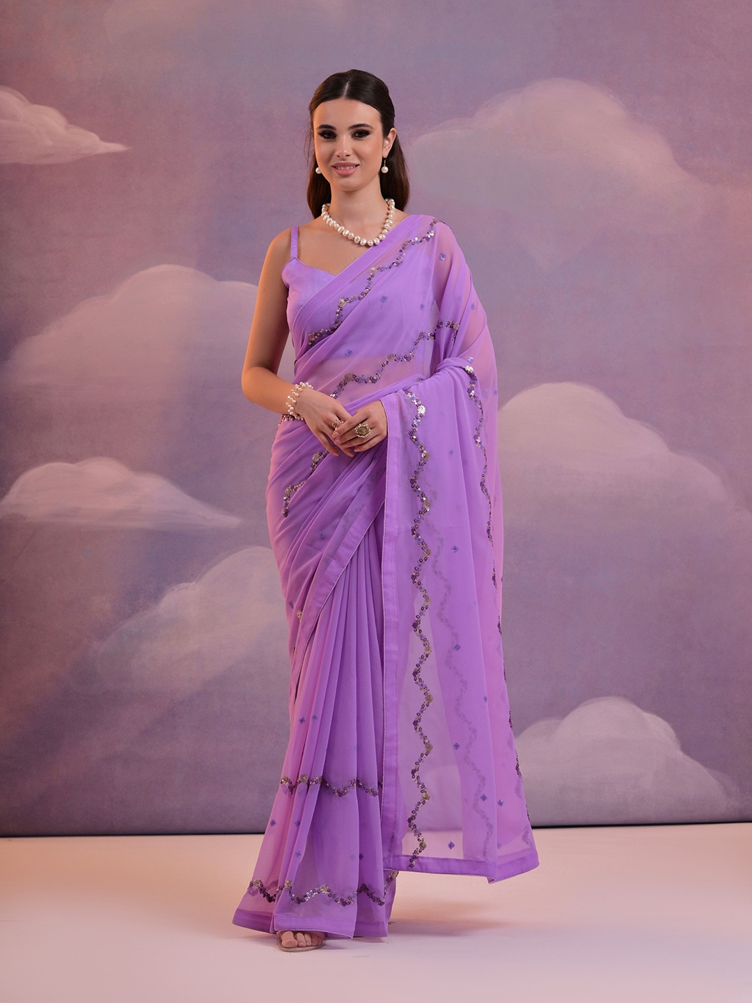 

Manu Designer Embellished Sequinned Pure Georgette Saree, Purple