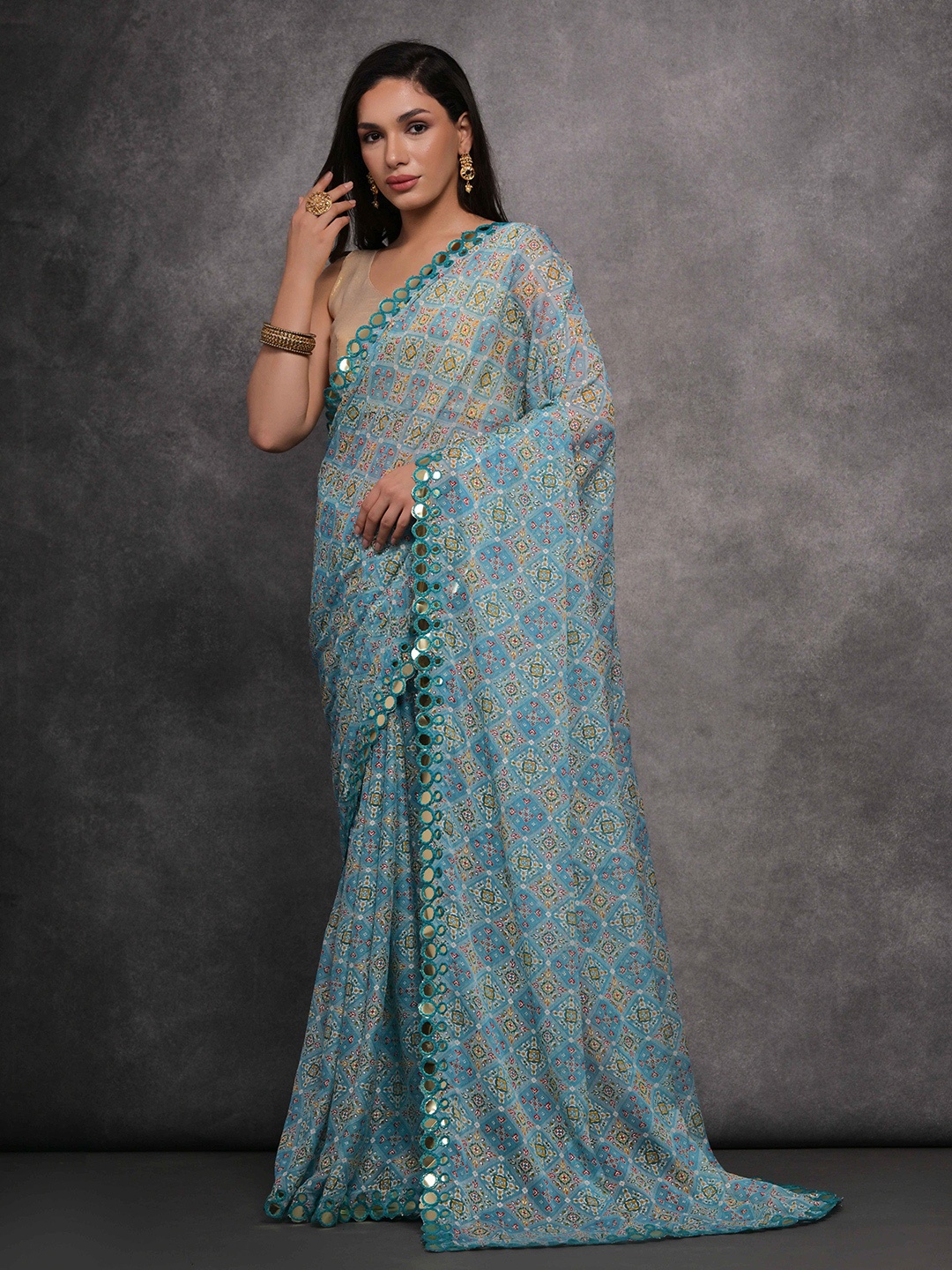 

Manu Designer Floral Printed Mirror Work Pure Georgette Saree, Teal