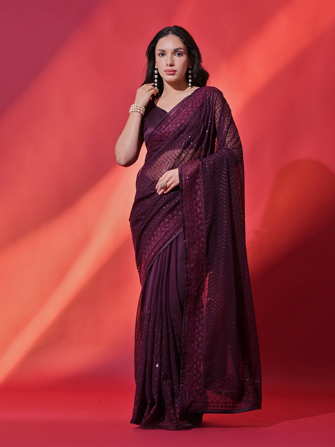 

Manu Designer Women Sequinned Pure Georgette Saree, Burgundy