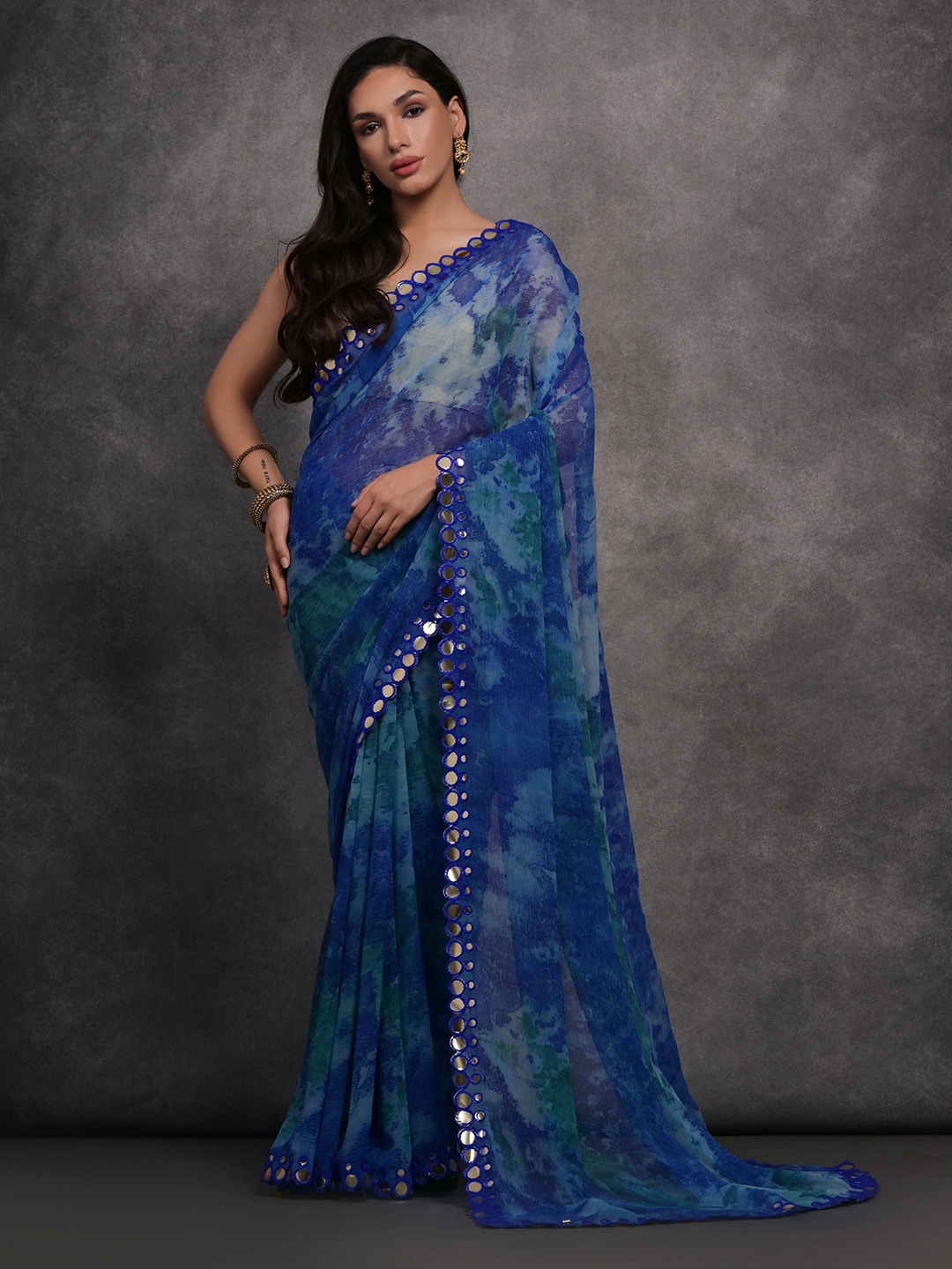 

Manu Designer Mirror Work Tie and Dye Pure Georgette Saree, Blue