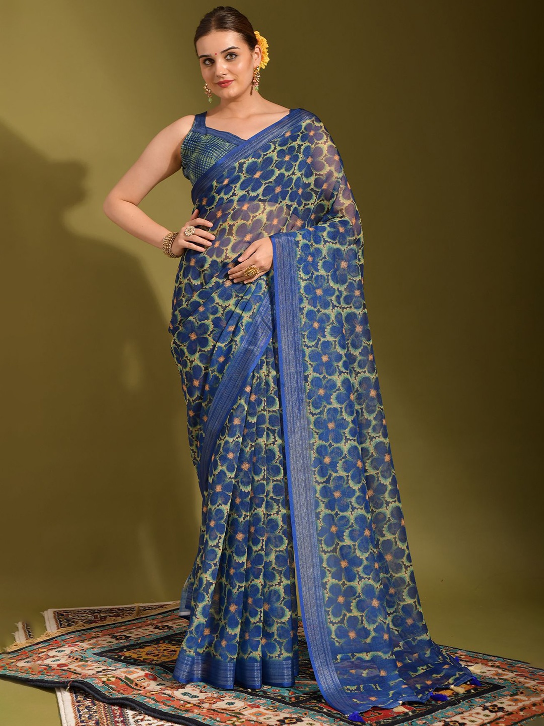 

Manu Designer Floral Pure Linen Saree, Navy blue