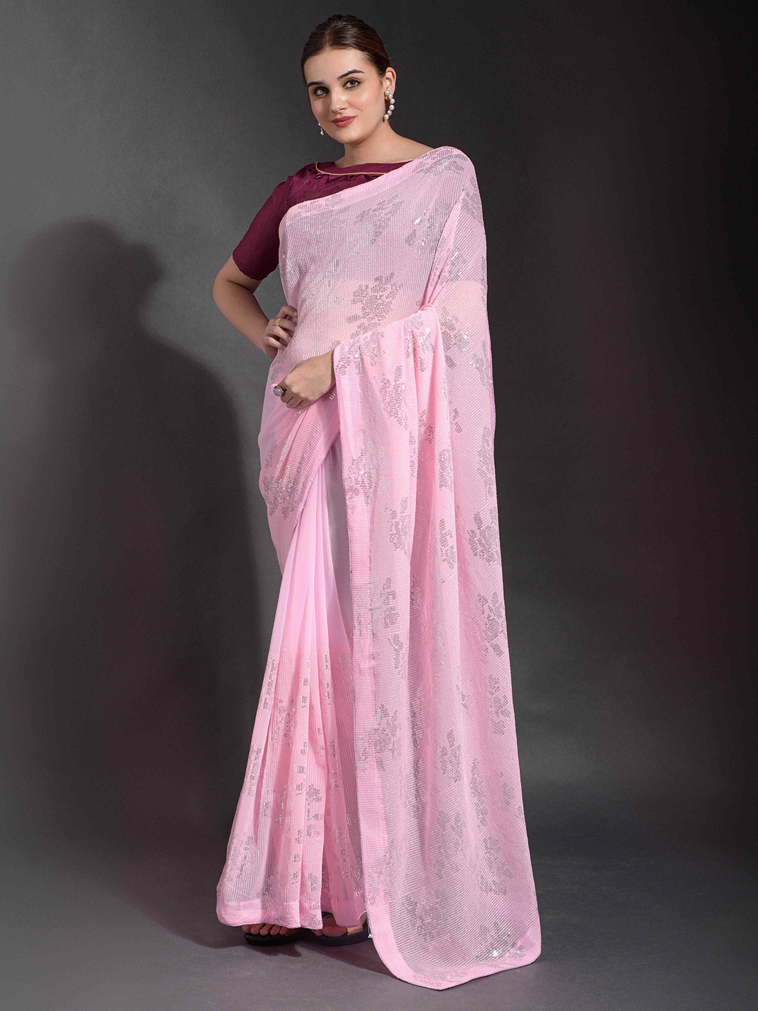 Manu Designer Floral Sequinned Pure Georgette Saree, Pink