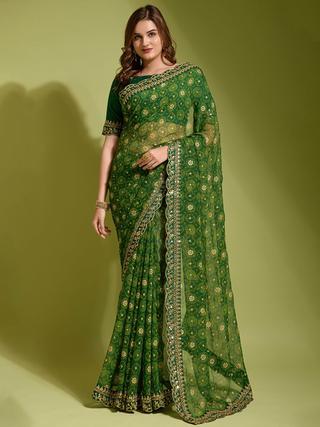 

Manu Designer Bandhani Printed Embroidered Saree, Green