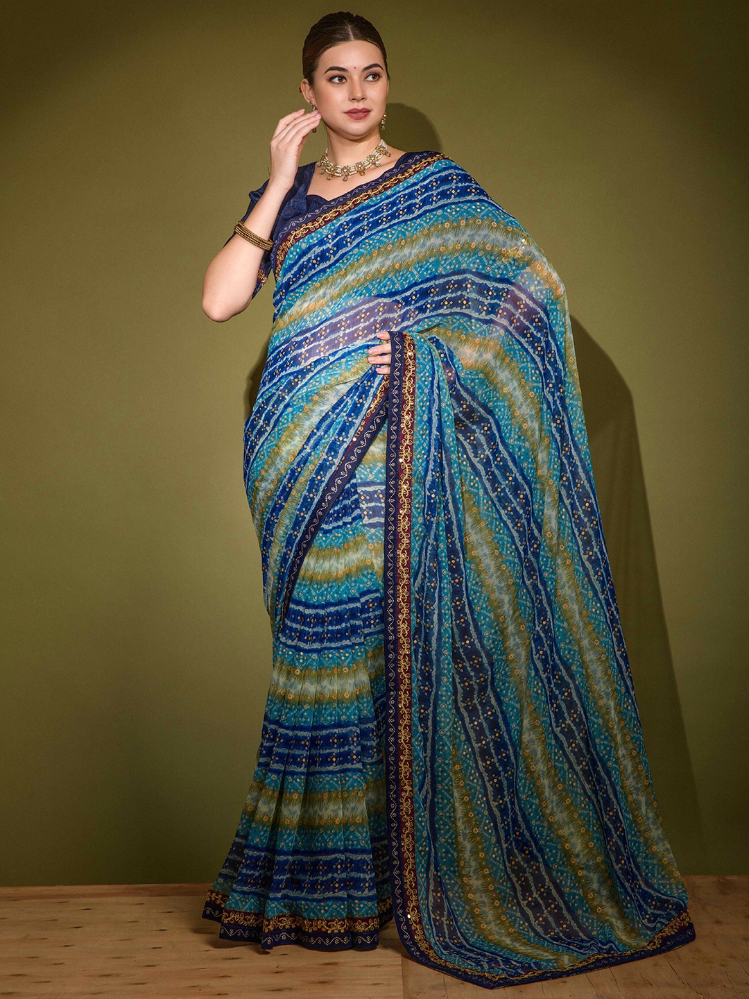 

Manu Designer Bandhani Embroidered Sequinned Pure Georgette Saree, Blue