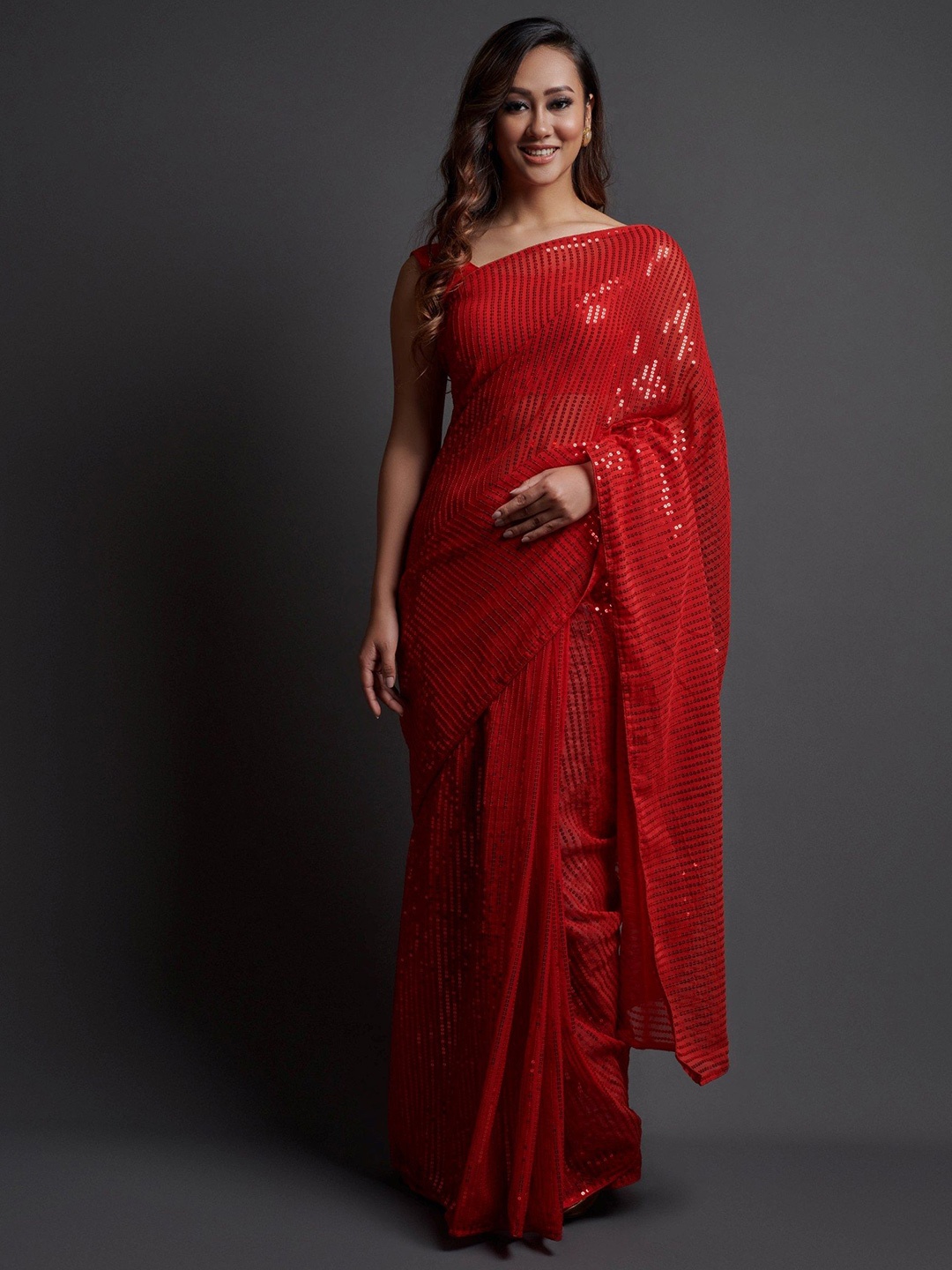 

Manu Designer Embellished Sequinned Pure Georgette Saree, Red