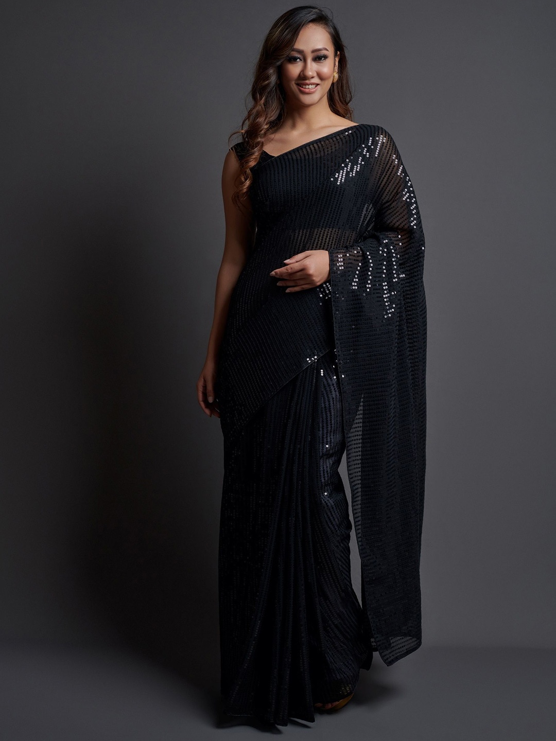 

Manu Designer Striped Sequinned Pure Georgette Saree, Black