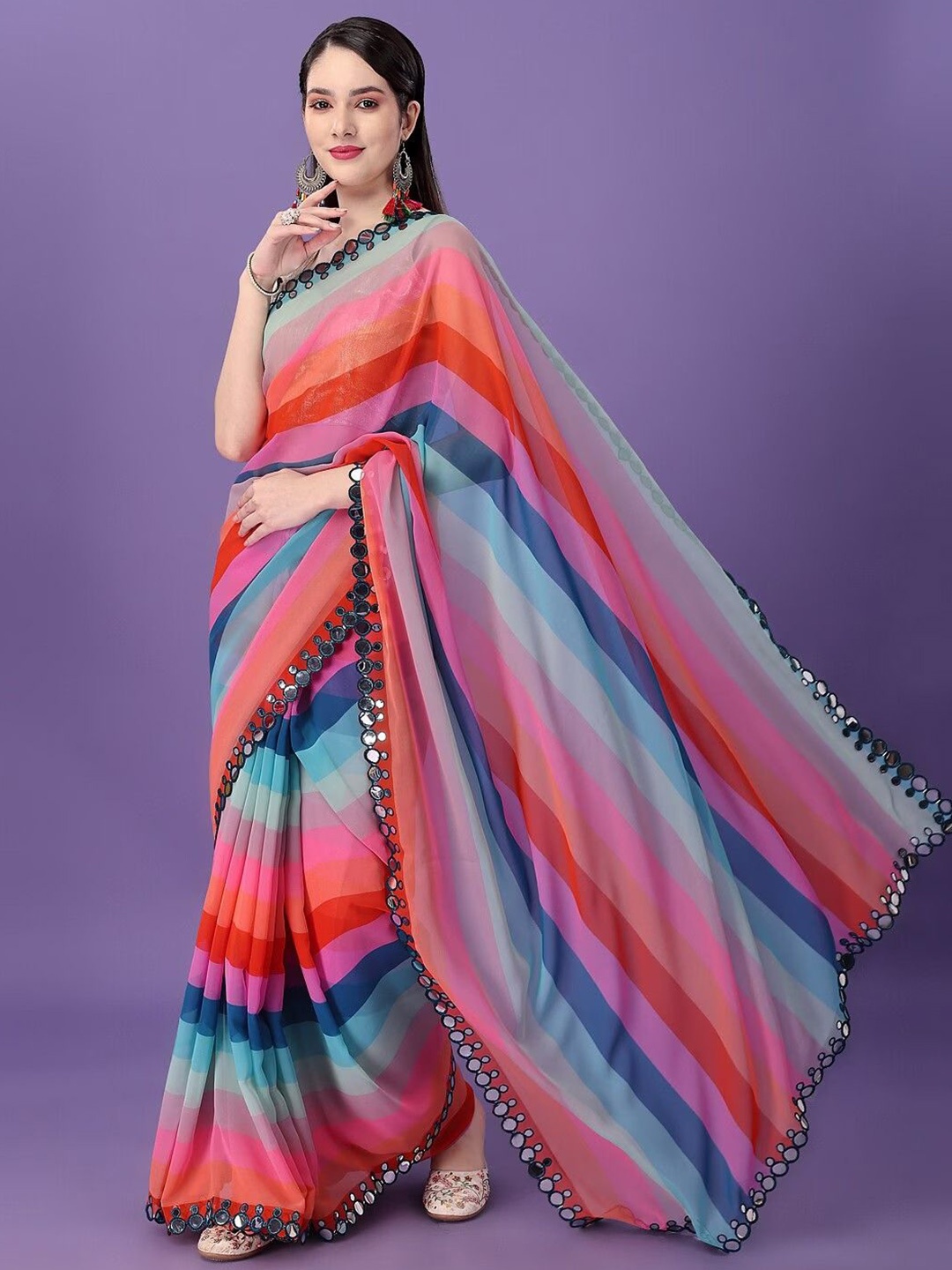

CANIZZARO Striped Mirror Work Pure Georgette Saree, Red