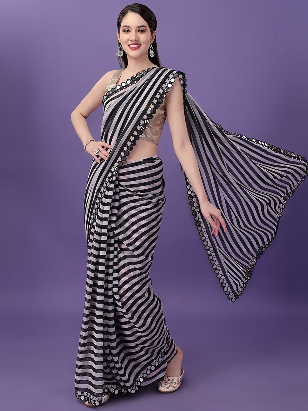 CANIZZARO Striped Mirror Work Pure Georgette Saree, White