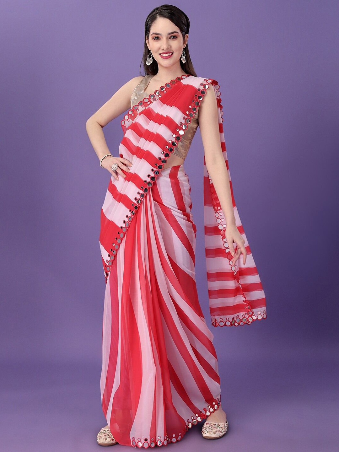 

CANIZZARO Striped Mirror Work Pure Georgette Saree, Red