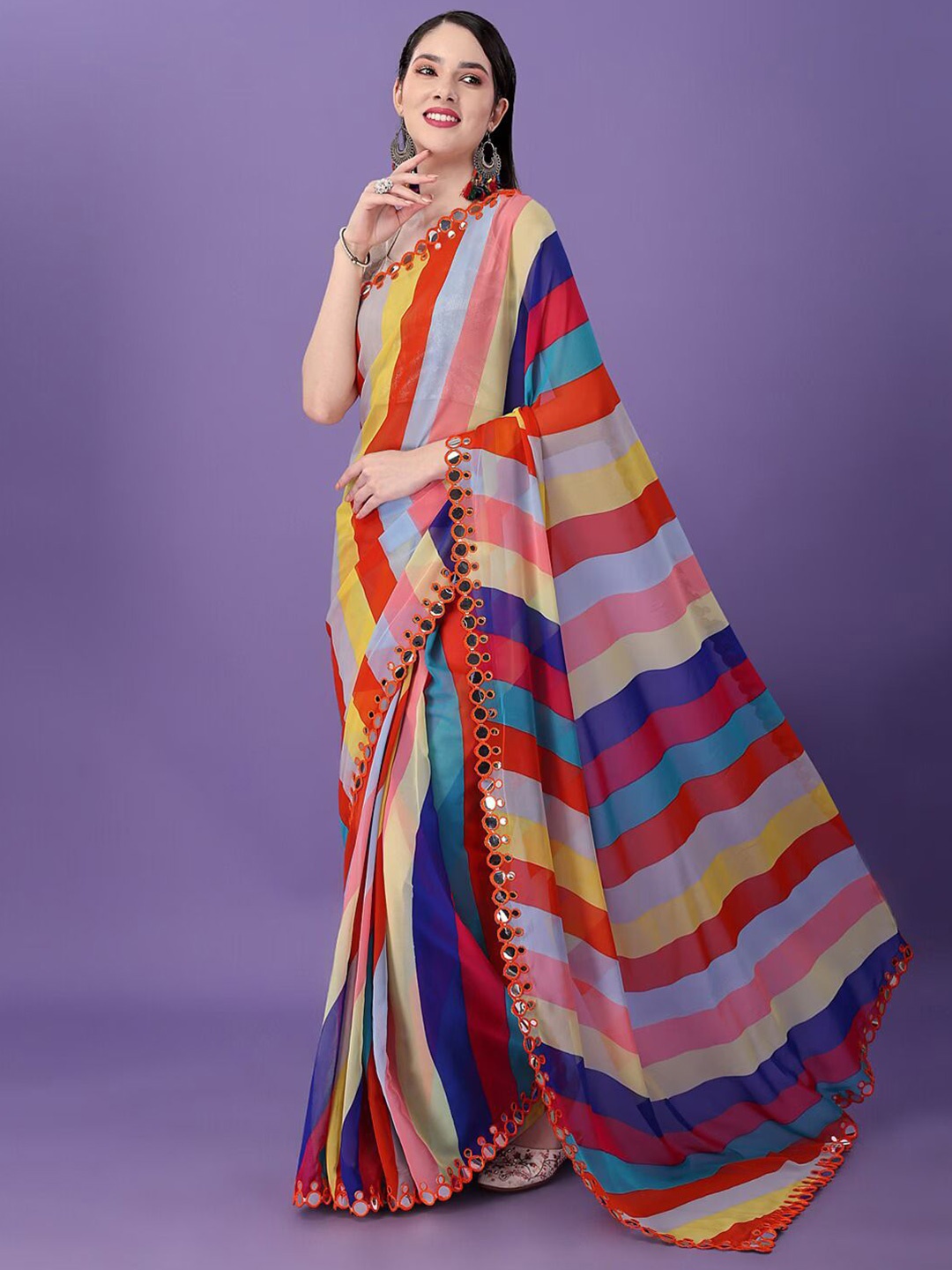 

CANIZZARO Striped Mirror Work Pure Georgette Saree, Yellow