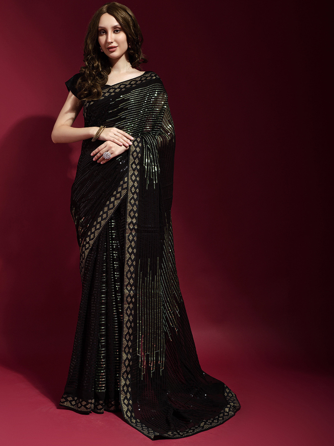 

CANIZZARO Pure Georgette Embellished Sequinned Heavy Work Saree, Green