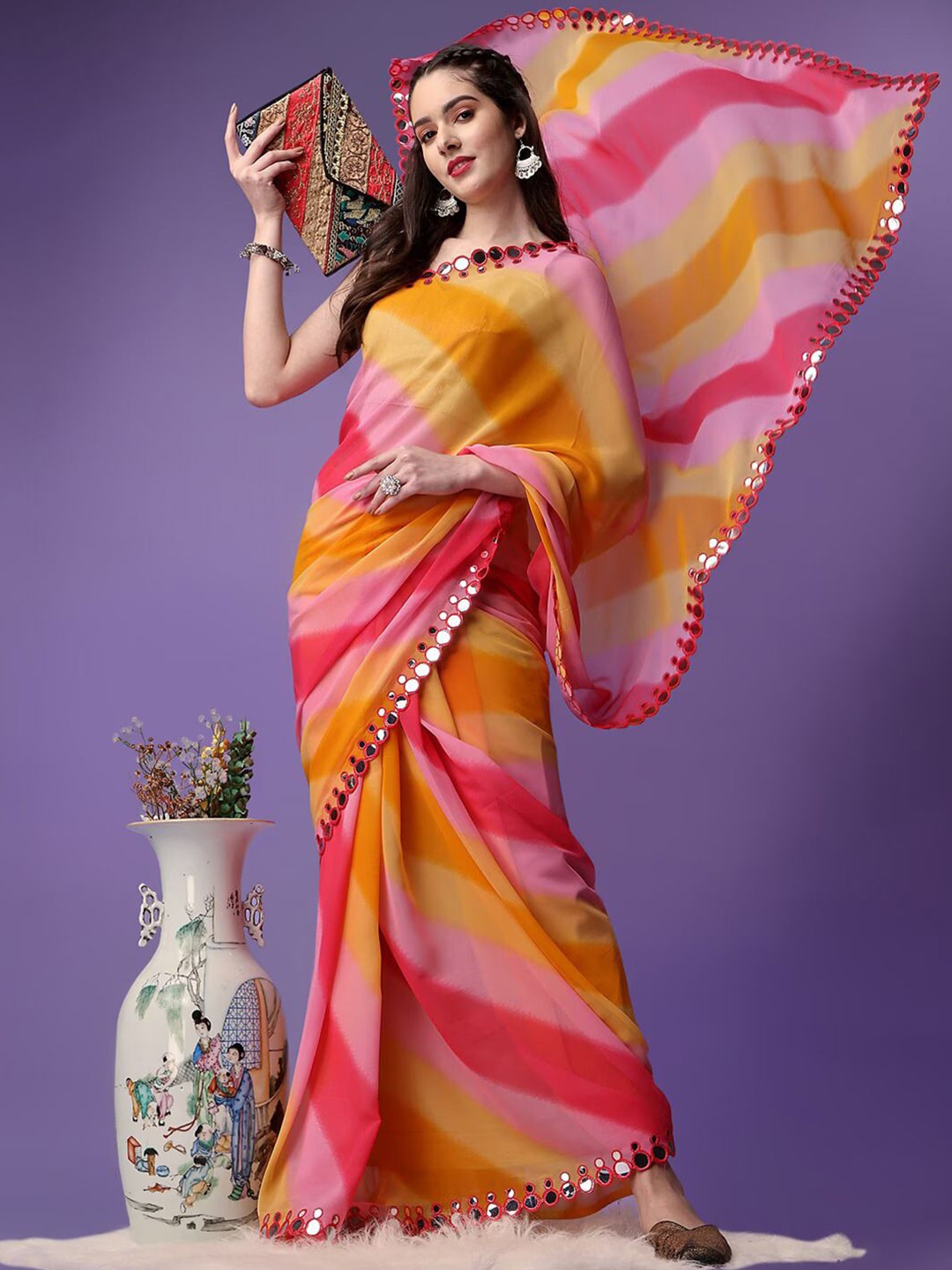 

CANIZZARO Striped Mirror Work Pure Georgette Saree, Pink