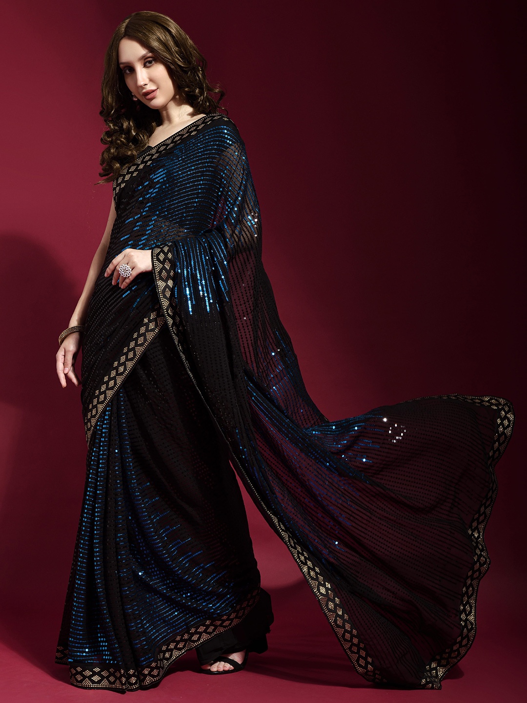 

CANIZZARO Embellished Sequinned Pure Georgette Saree, Teal