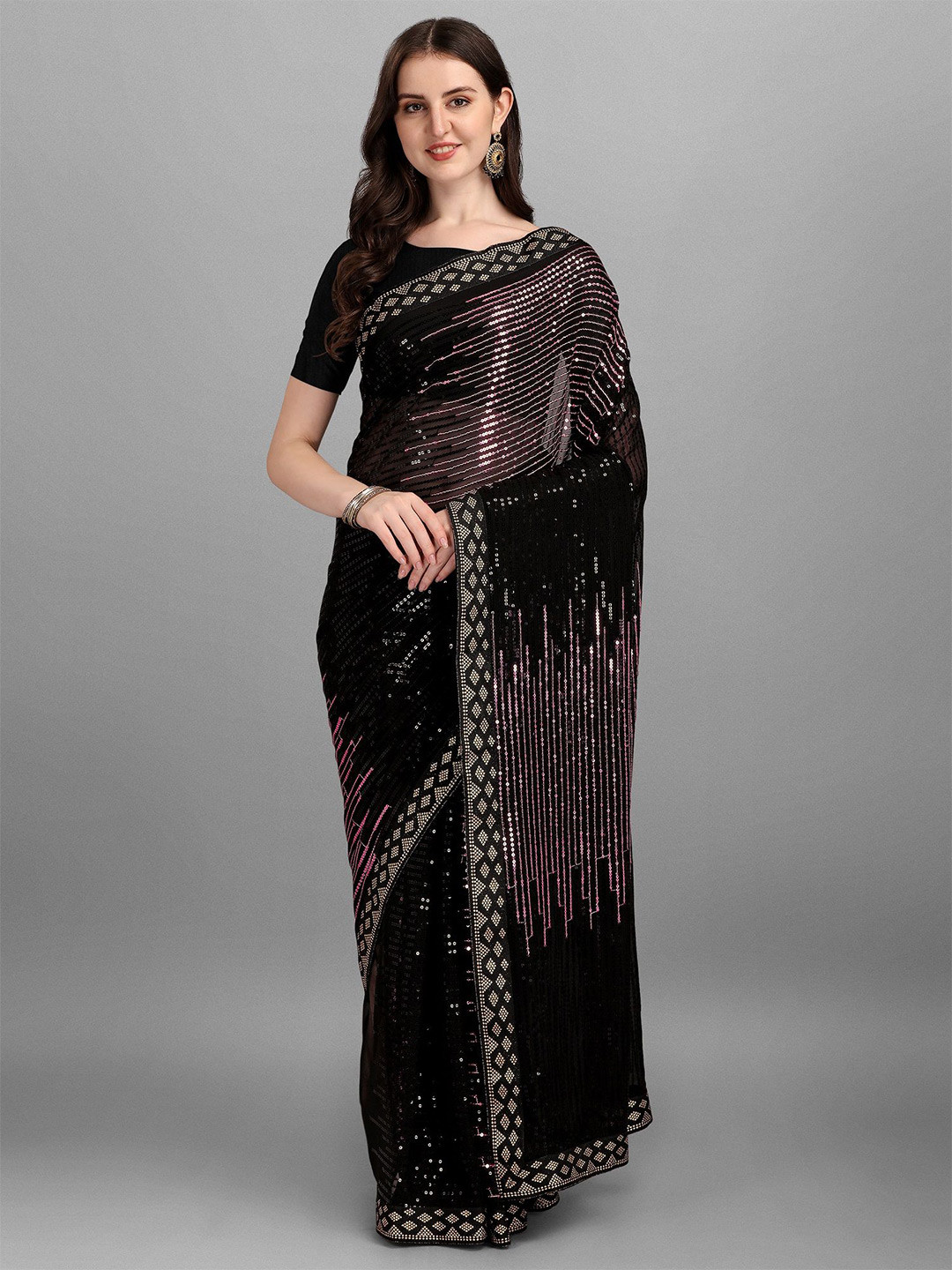 

CANIZZARO Embellished Sequinned Pure Georgette Saree, Black