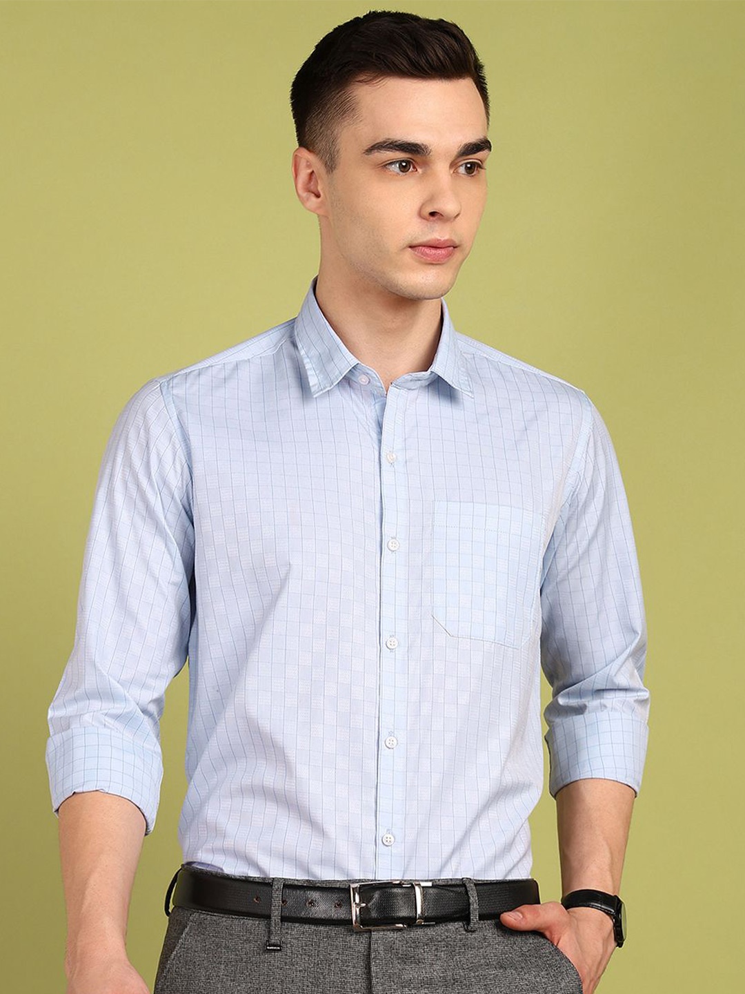 

FUBAR Men Slim Fit Grid Tattersall Checked Formal Shirt, Blue
