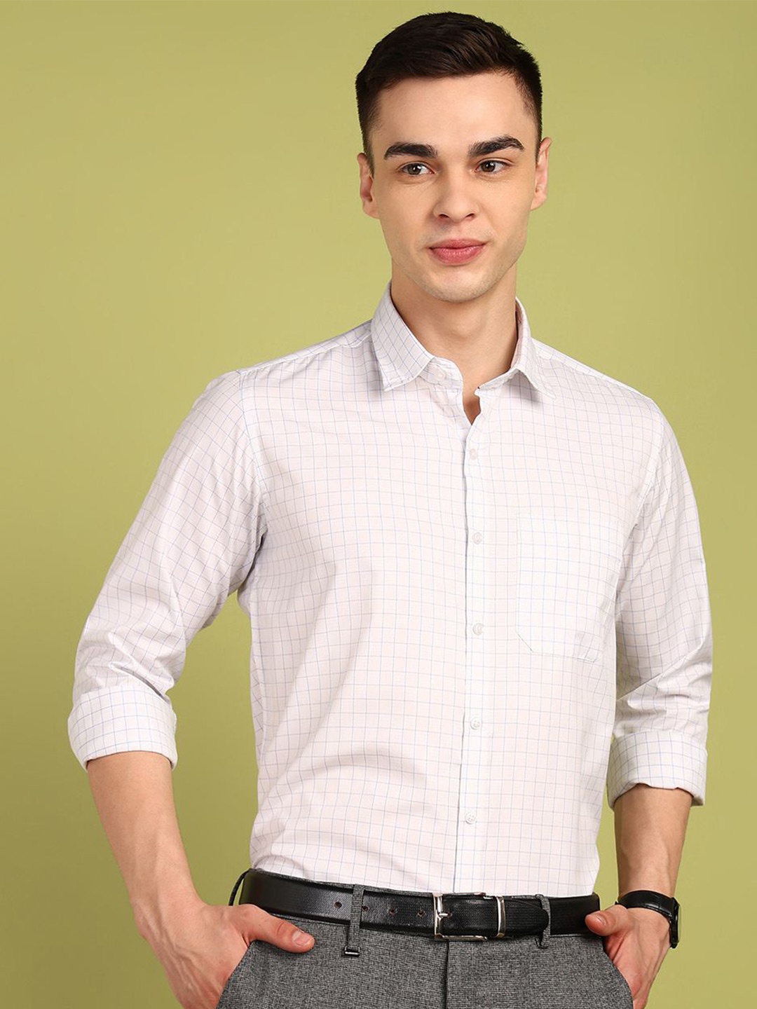 

FUBAR Men Slim Fit Grid Tattersall Checks Opaque Checked Formal Shirt, White