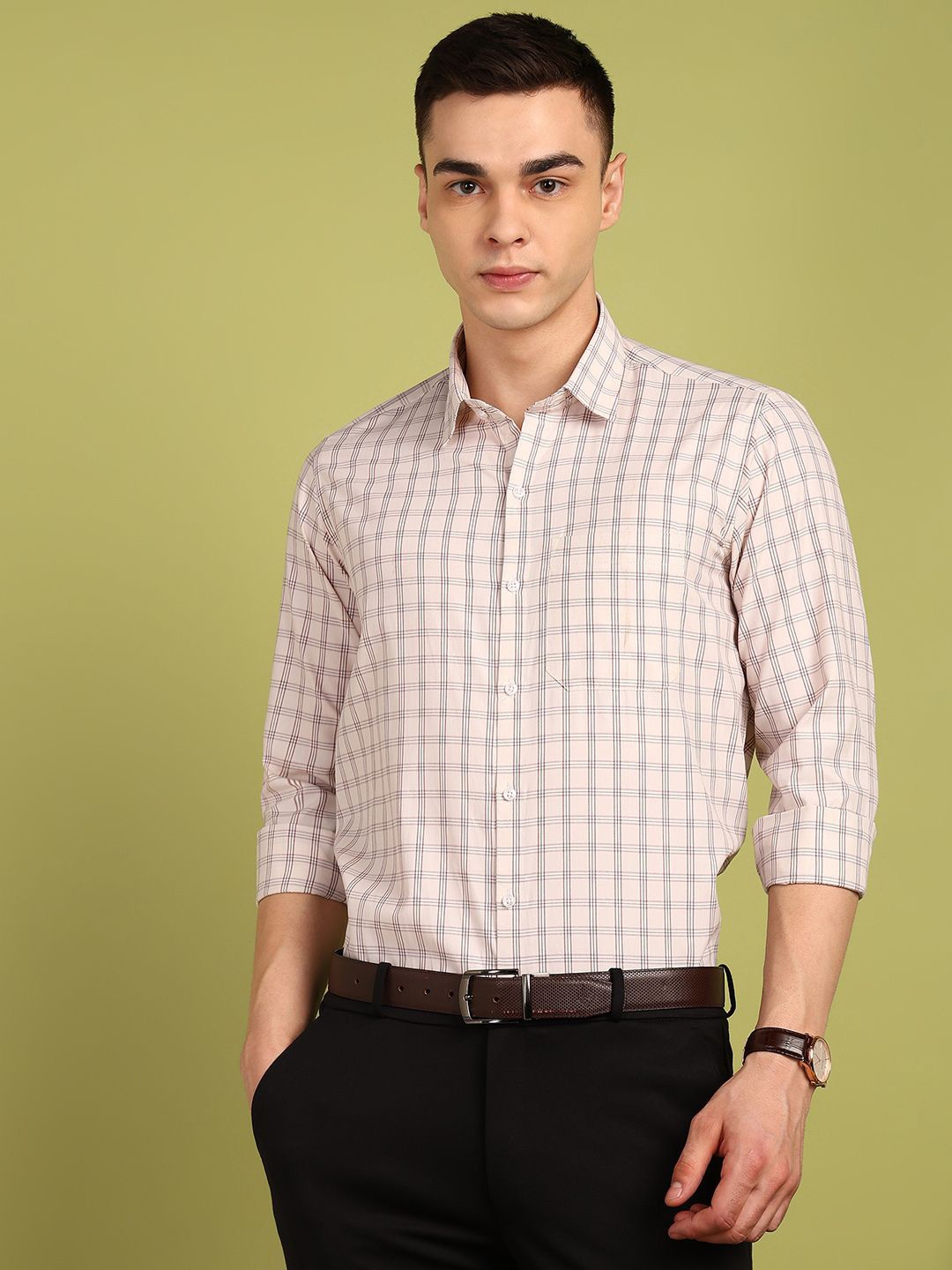 

FUBAR Men Slim Fit Grid Tattersall Checks Opaque Checked Formal Shirt, Cream