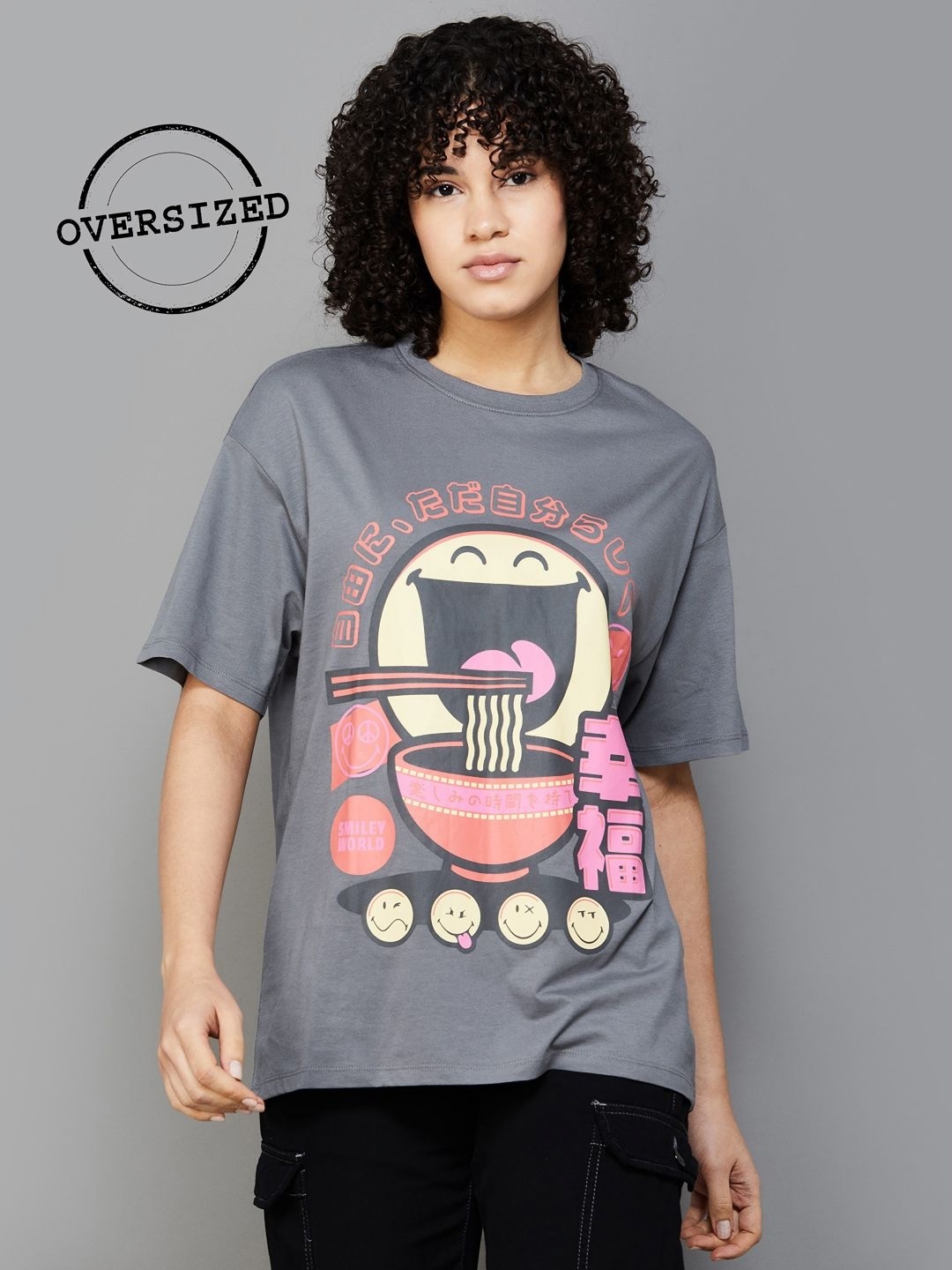 

SmileyWorld Cotton Smiley Printed Drop-Shoulder Sleeves T-shirt, Grey