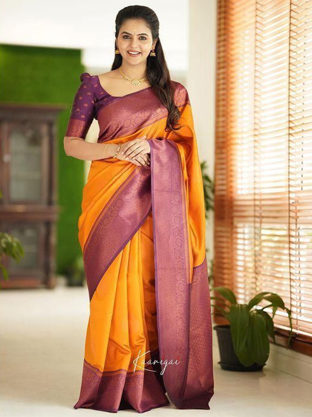 

revika Woven Design Zari Pure Silk Kanjeevaram Saree, Yellow