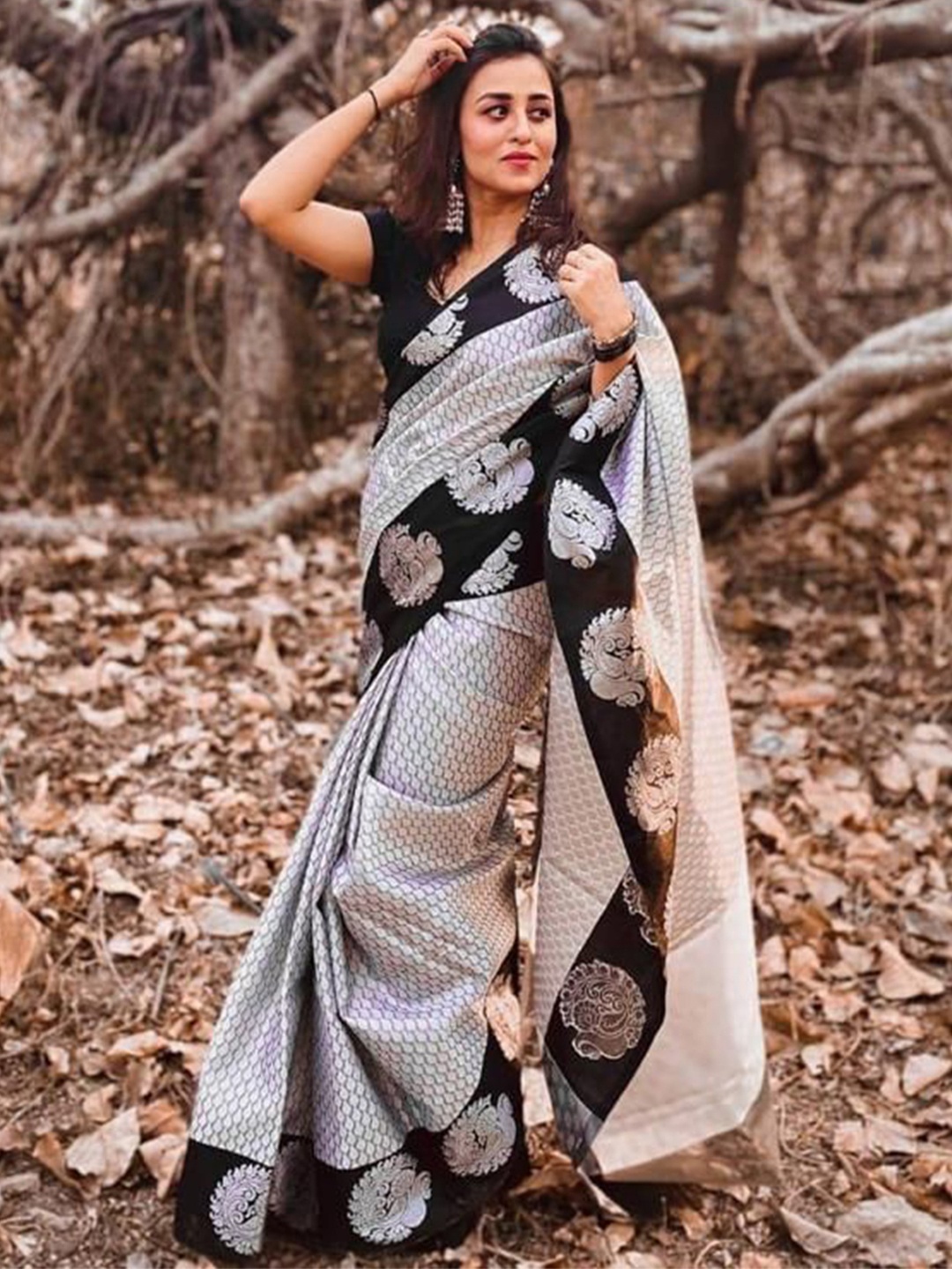 

revika Woven Design Zari Pure Silk Kanjeevaram Saree, Silver