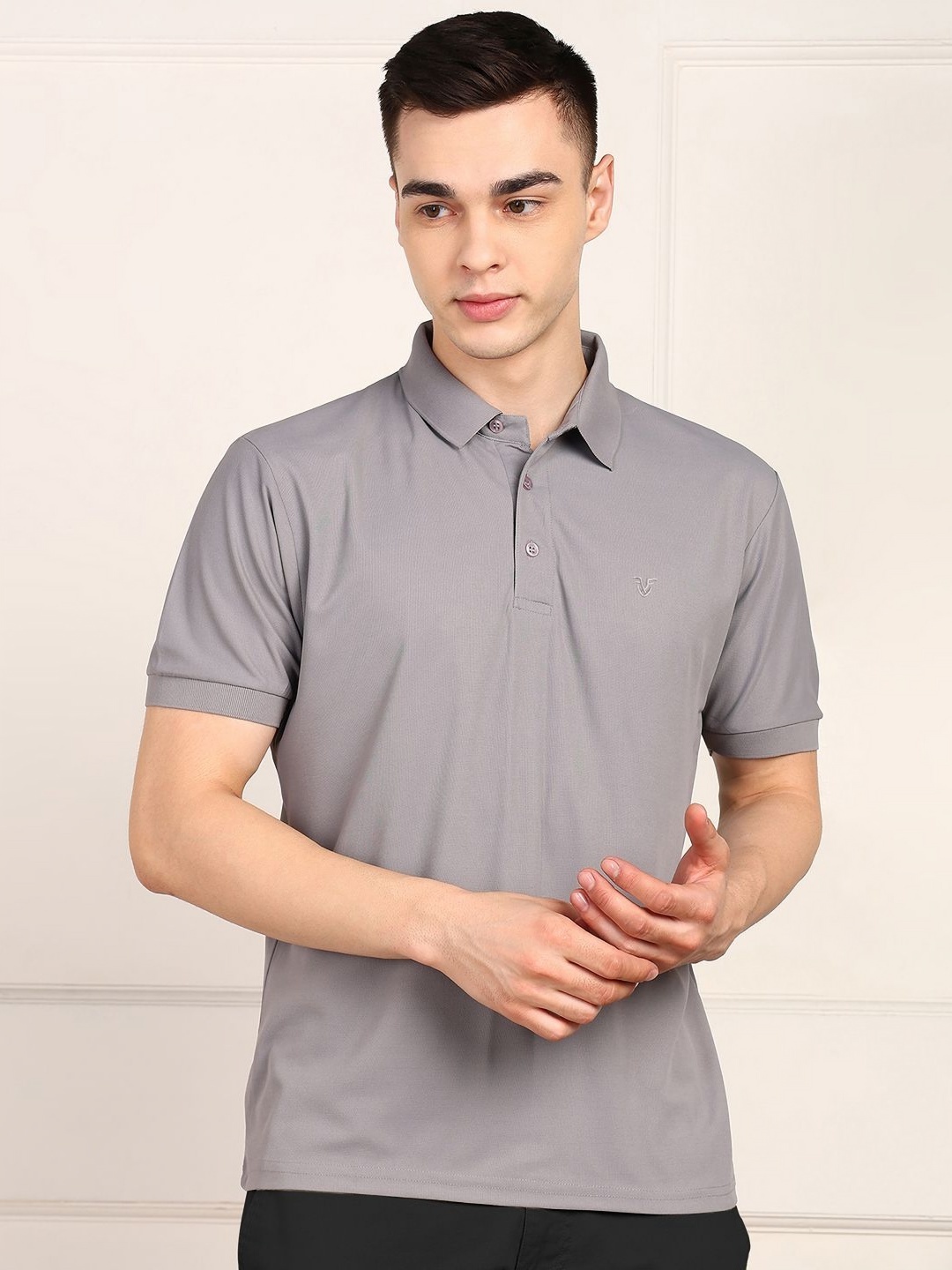 

FUBAR Men Solid Cotton Polo Collar Pockets Slim Fit T-shirt, Grey