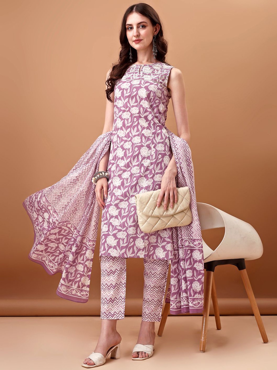 

Ziva Fashion Floral Printed Gotta Patti Pure Cotton Kurta with Trousers & Dupatta, Purple