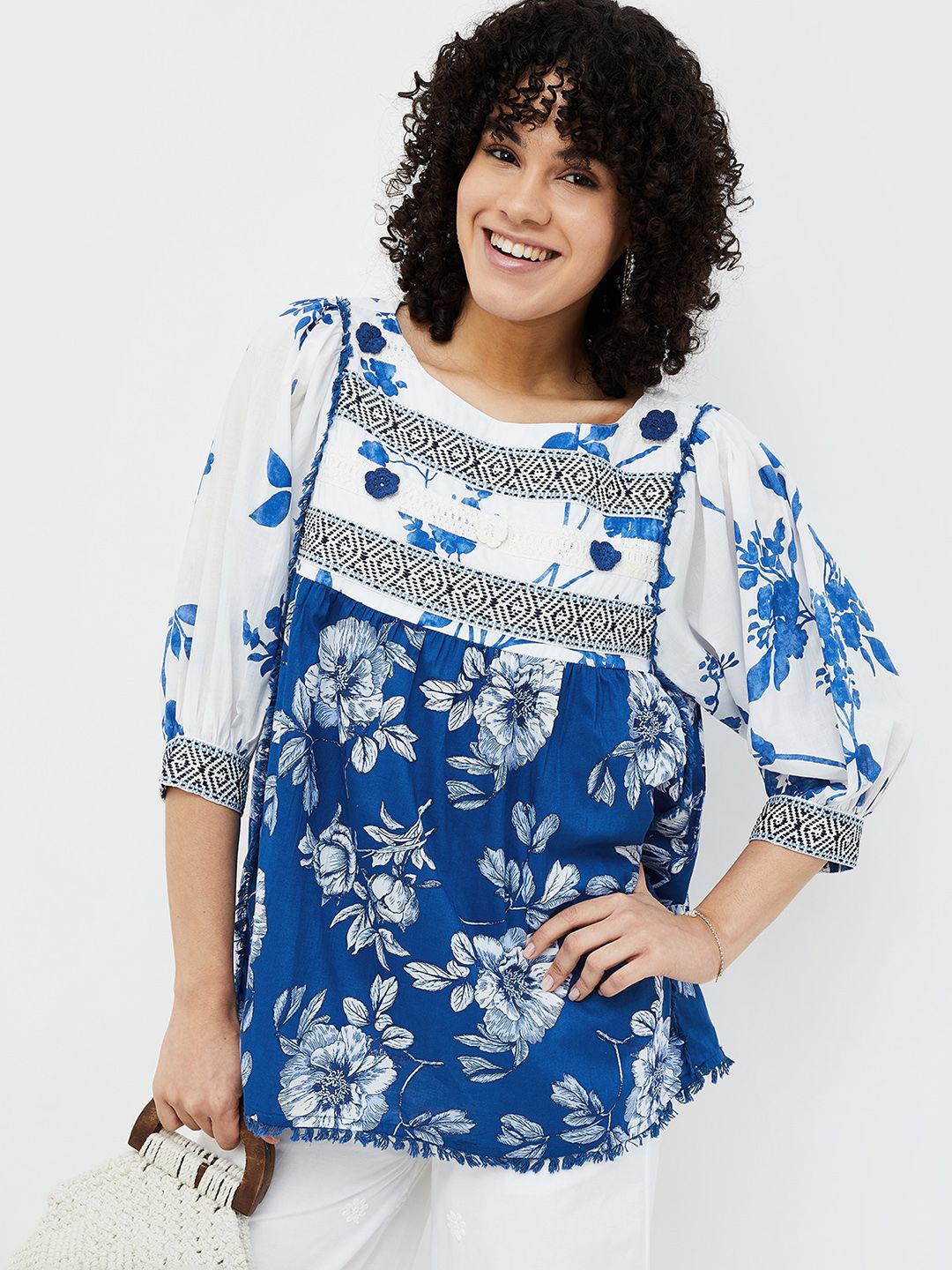 

Colour Me by Melange Women Floral Print Cotton Top, Blue