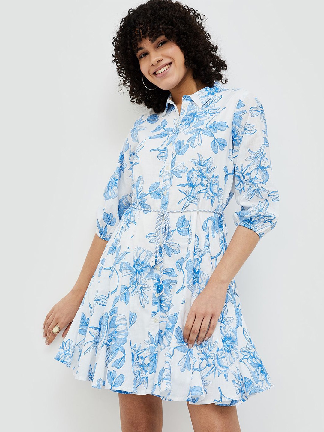 

Colour Me by Melange Women Floral Printed Puff Sleeve Fit and Flare Dress, White