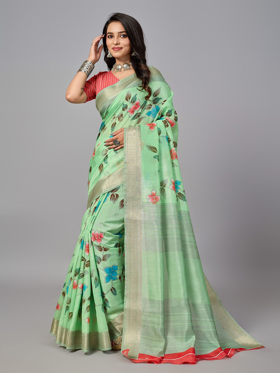 

NIRMAL CREATION Floral Zari Woven Pure Cotton Saree, Green