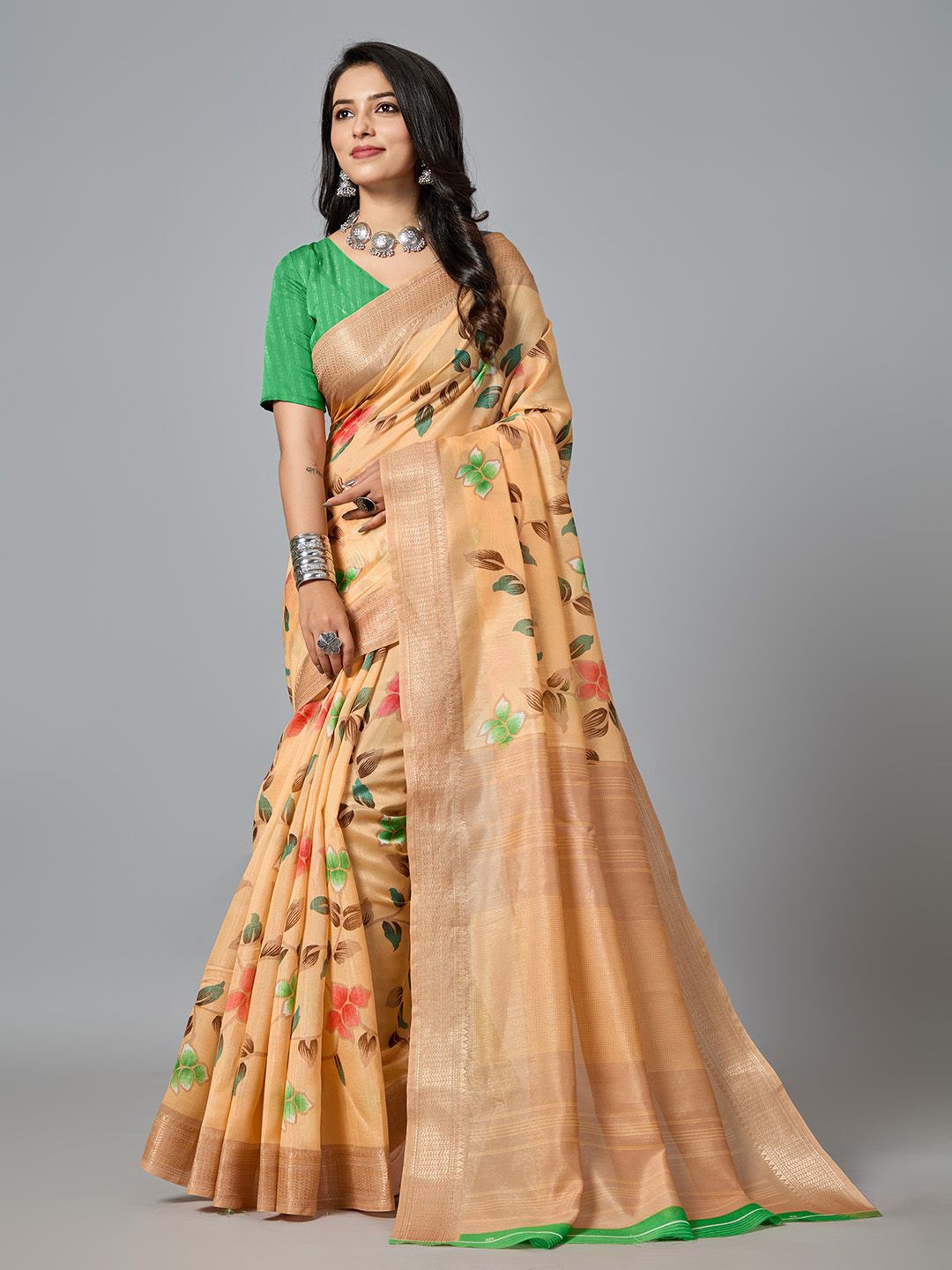 

NIRMAL CREATION Zari Woven Floral Pure Cotton Saree, Beige