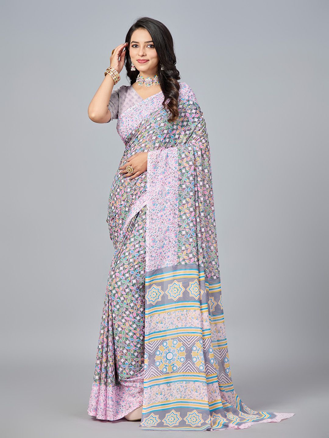 NIRMAL CREATION Abstract Saree With Blouse, Pink