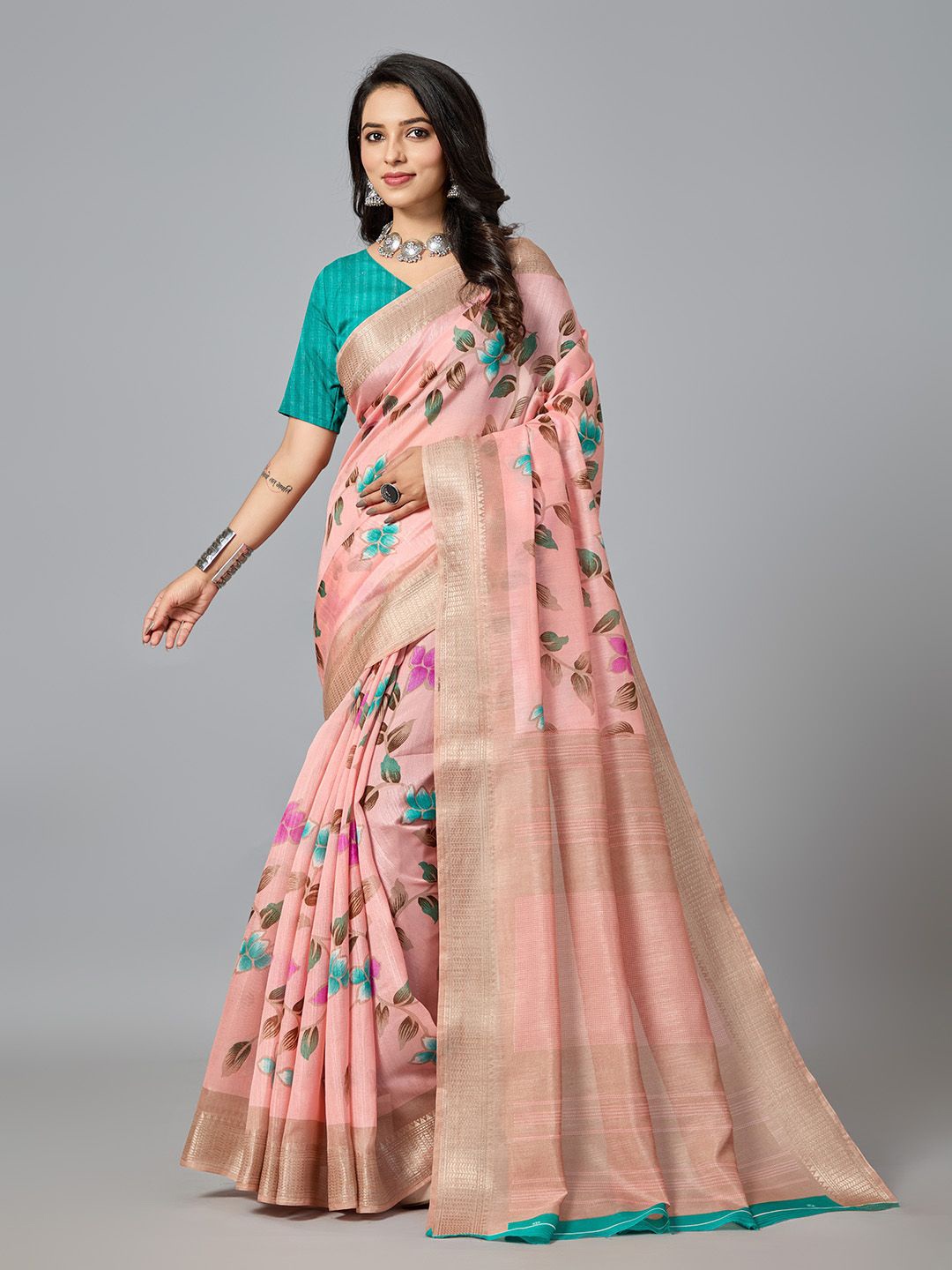 

NIRMAL CREATION Floral Zari Pure Cotton Saree, Peach