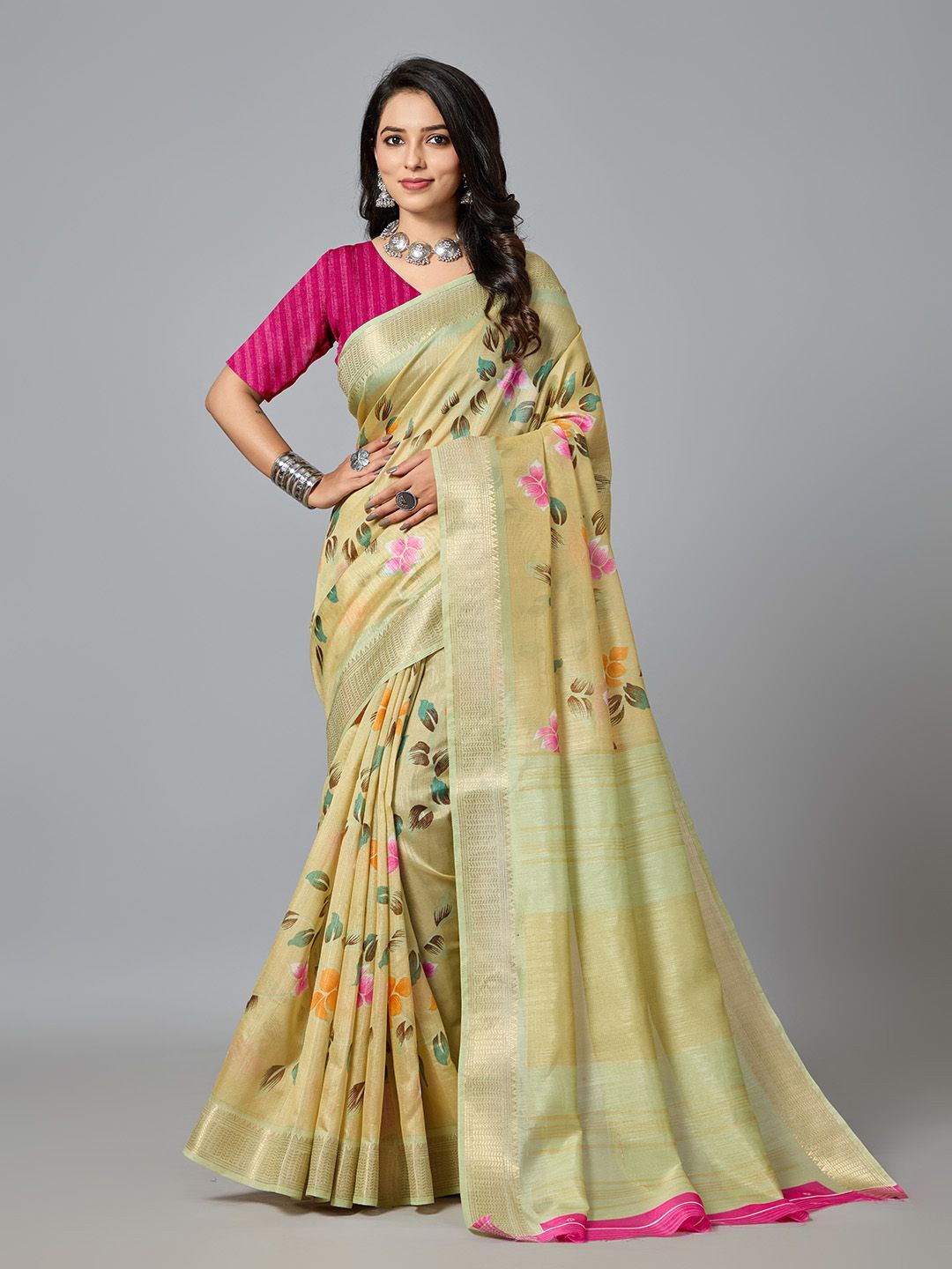 

NIRMAL CREATION Floral Zari Woven Pure Cotton Saree, Beige