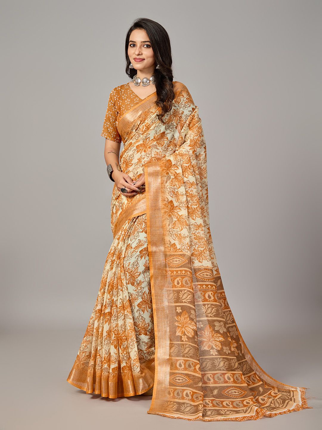 

NIRMAL CREATION Women Floral Zari Pure Cotton Saree, Orange