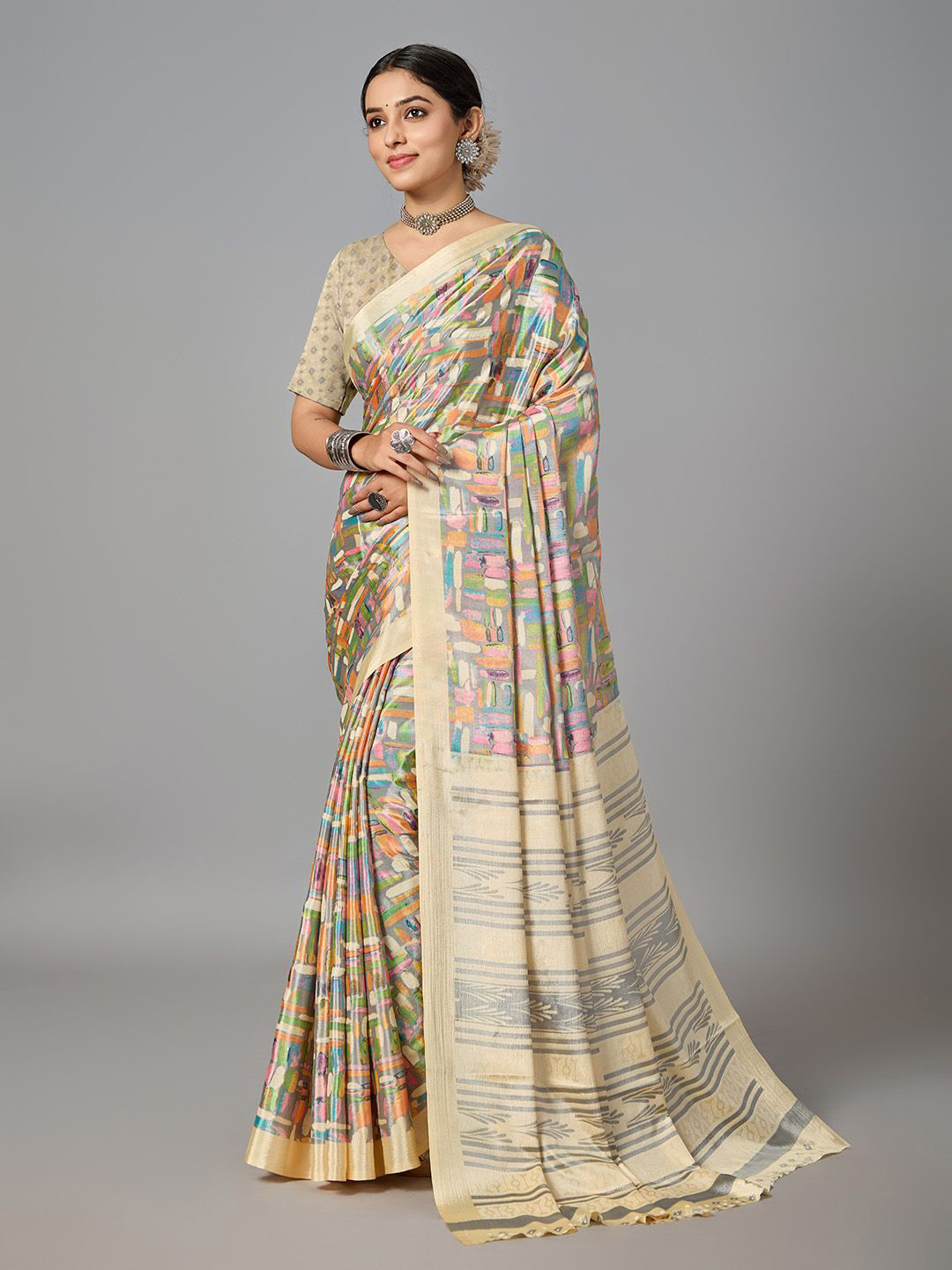 

NIRMAL CREATION Printed Saree with Blouse Piece, Beige