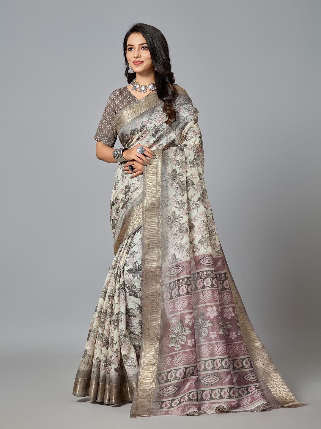 

NIRMAL CREATION Ethnic Motif Zari Woven Pure Cotton Saree, Grey