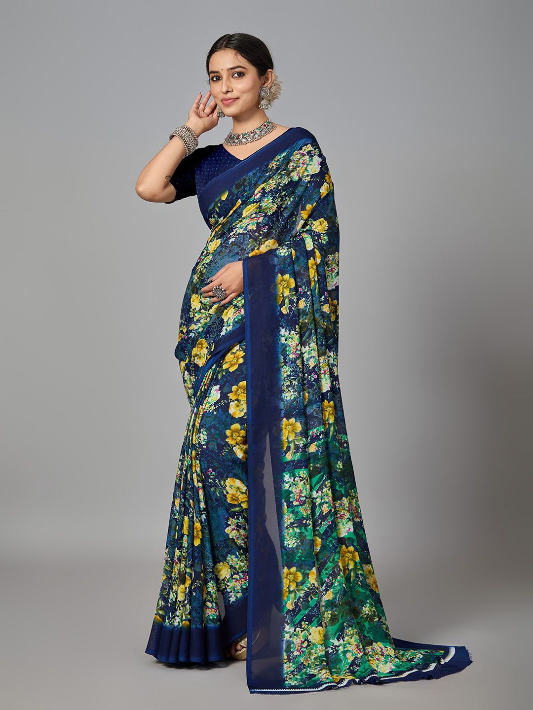

NIRMAL CREATION Floral Pure Cotton Saree, Blue