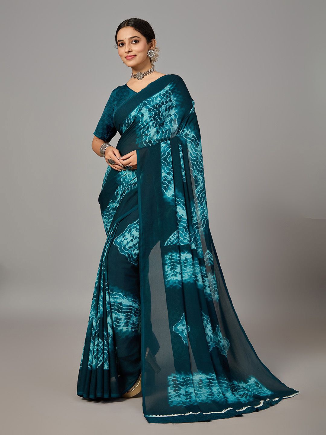 

NIRMAL CREATION Tie & Dye Saree with Blouse, Teal