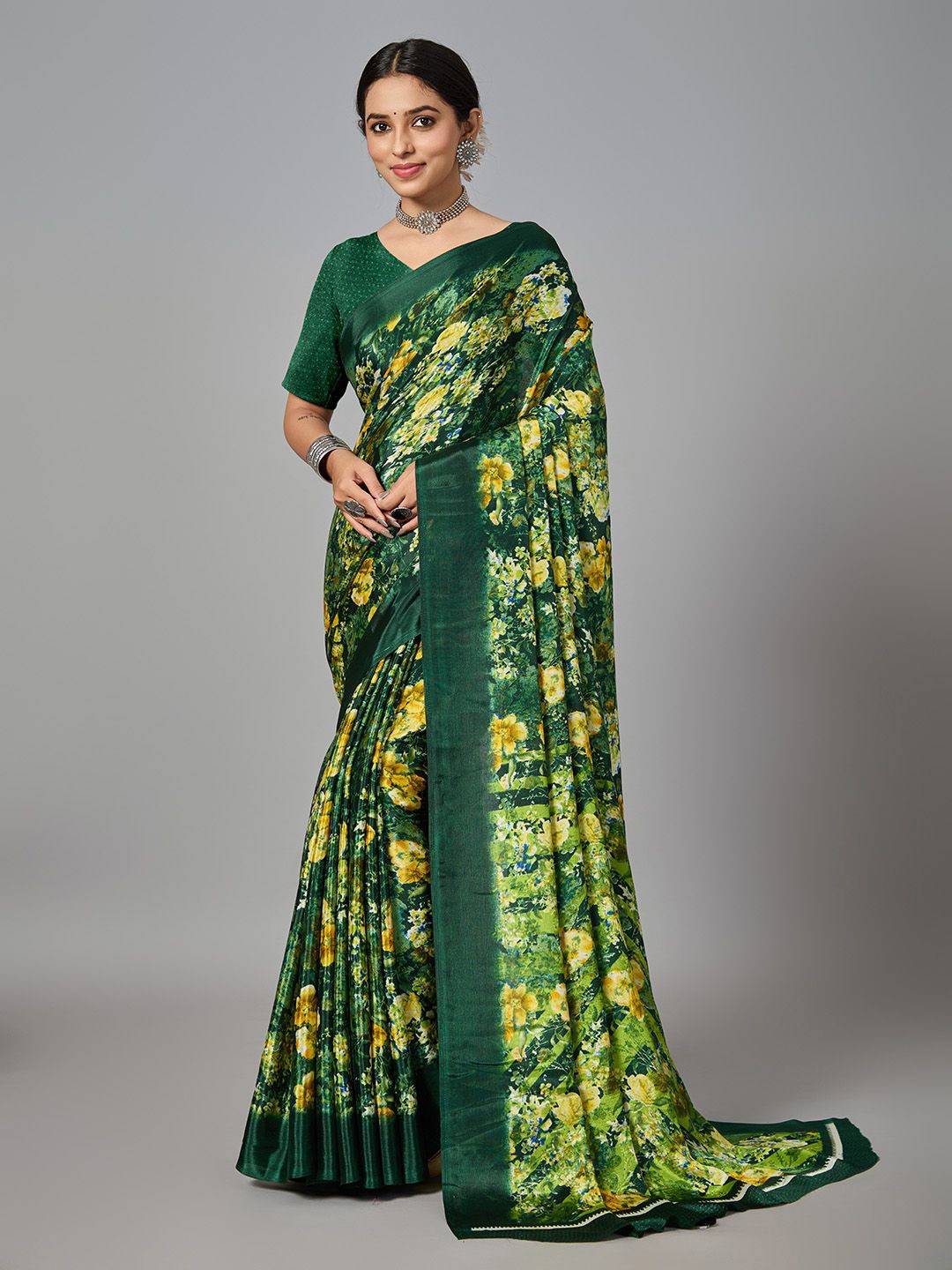 

NIRMAL CREATION Pure Cotton Floral Festive Saree, Green