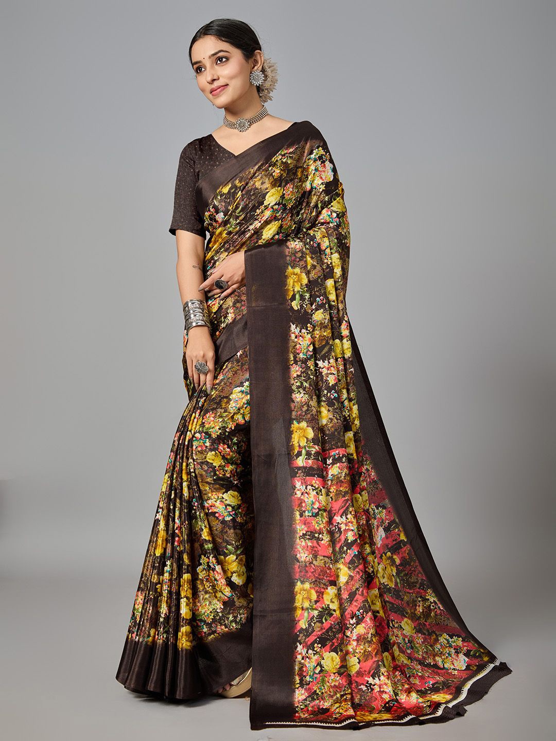 

NIRMAL CREATION Floral Pure Cotton Saree, Brown