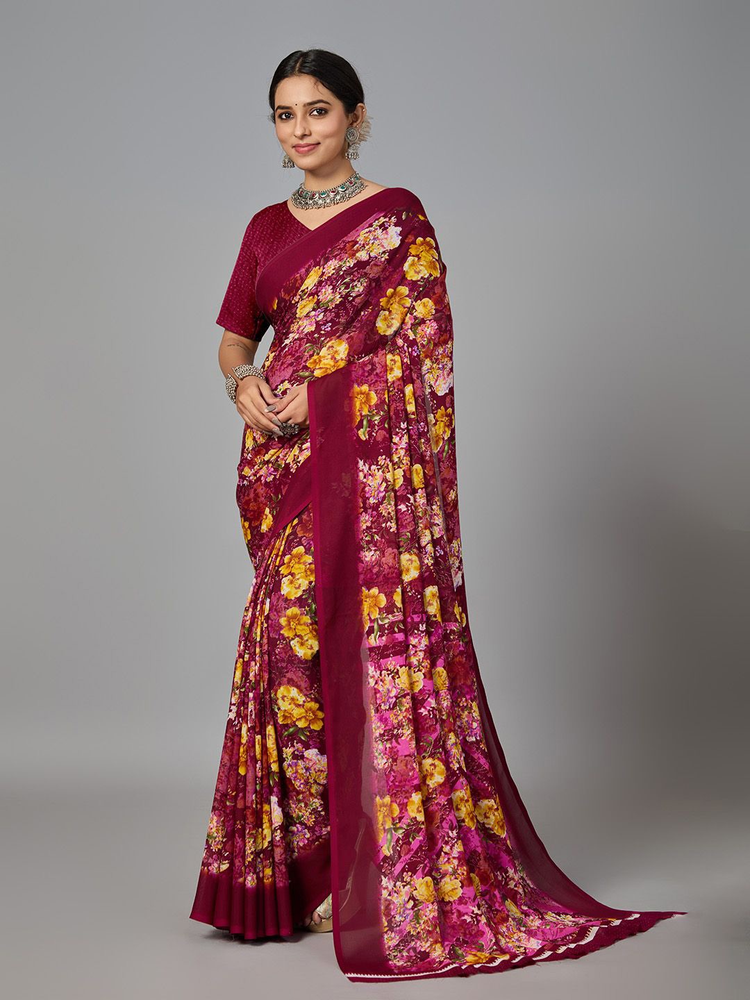 

NIRMAL CREATION Pure Cotton Floral Saree, Maroon