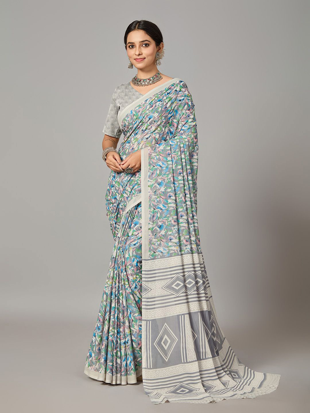 

NIRMAL CREATION Poly Georgette Floral Festive Saree, Grey