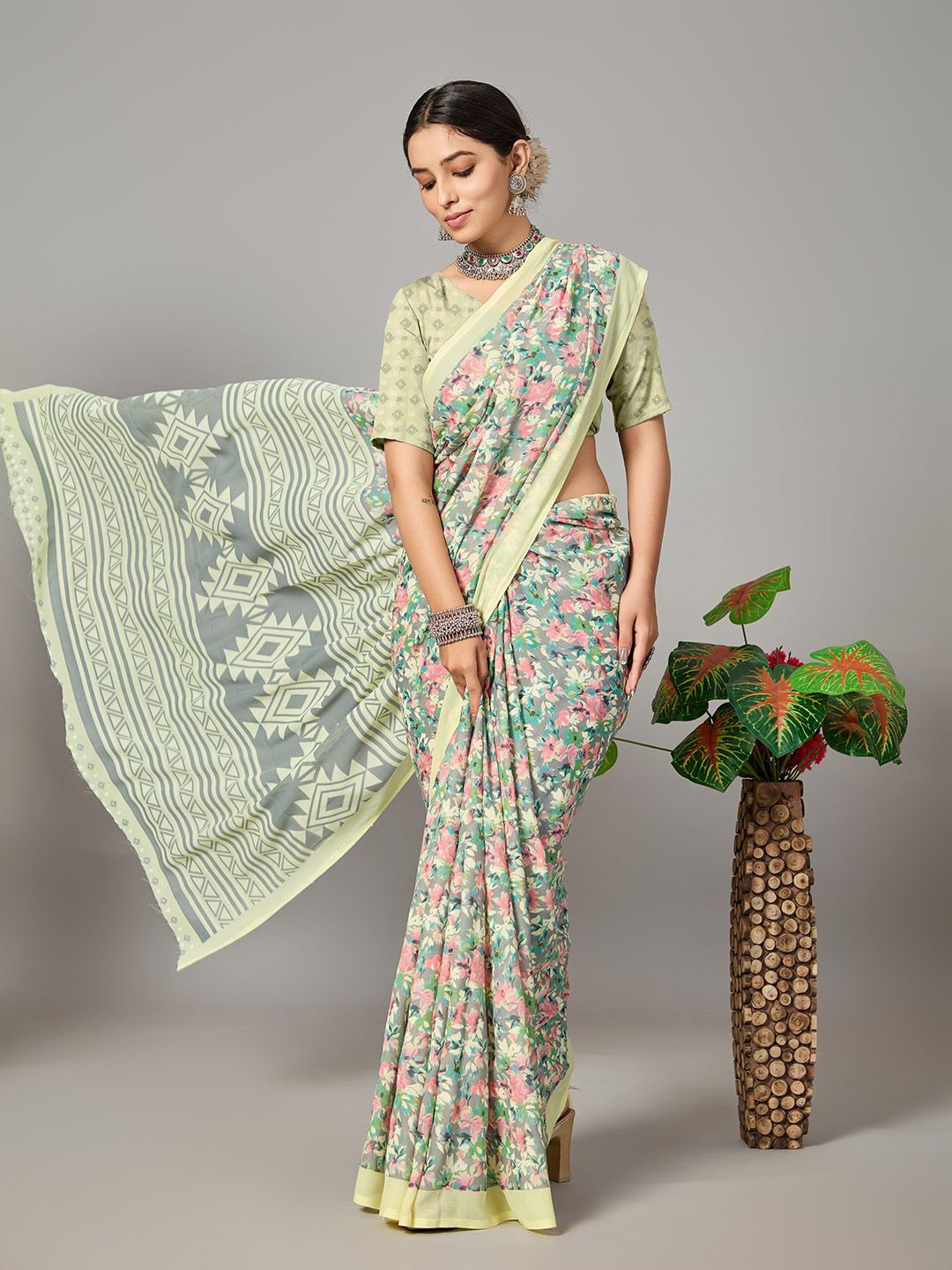 NIRMAL CREATION Floral Saree with Blouse, Yellow