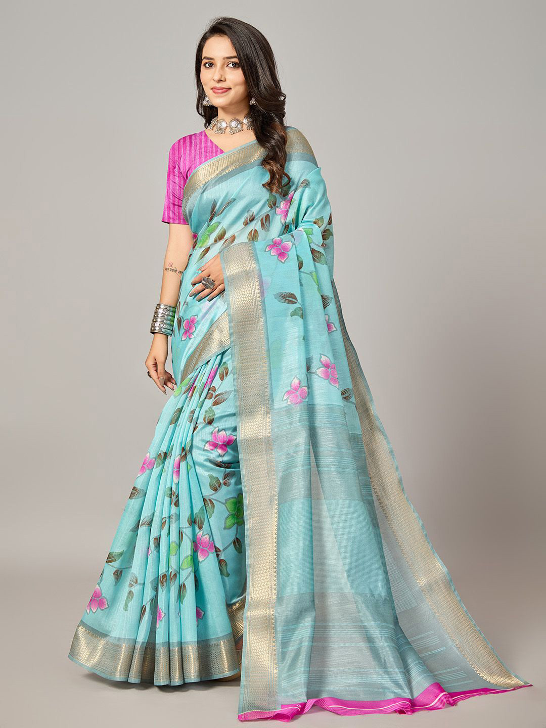 

NIRMAL CREATION Floral Zari Pure Cotton Saree, Blue