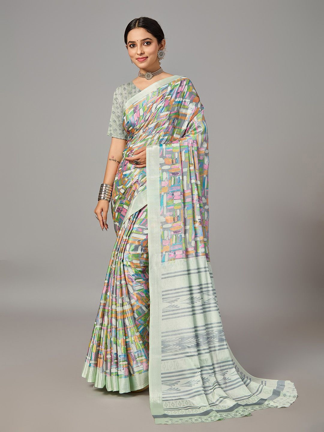 

NIRMAL CREATION Abstract Saree with Blouse, Green