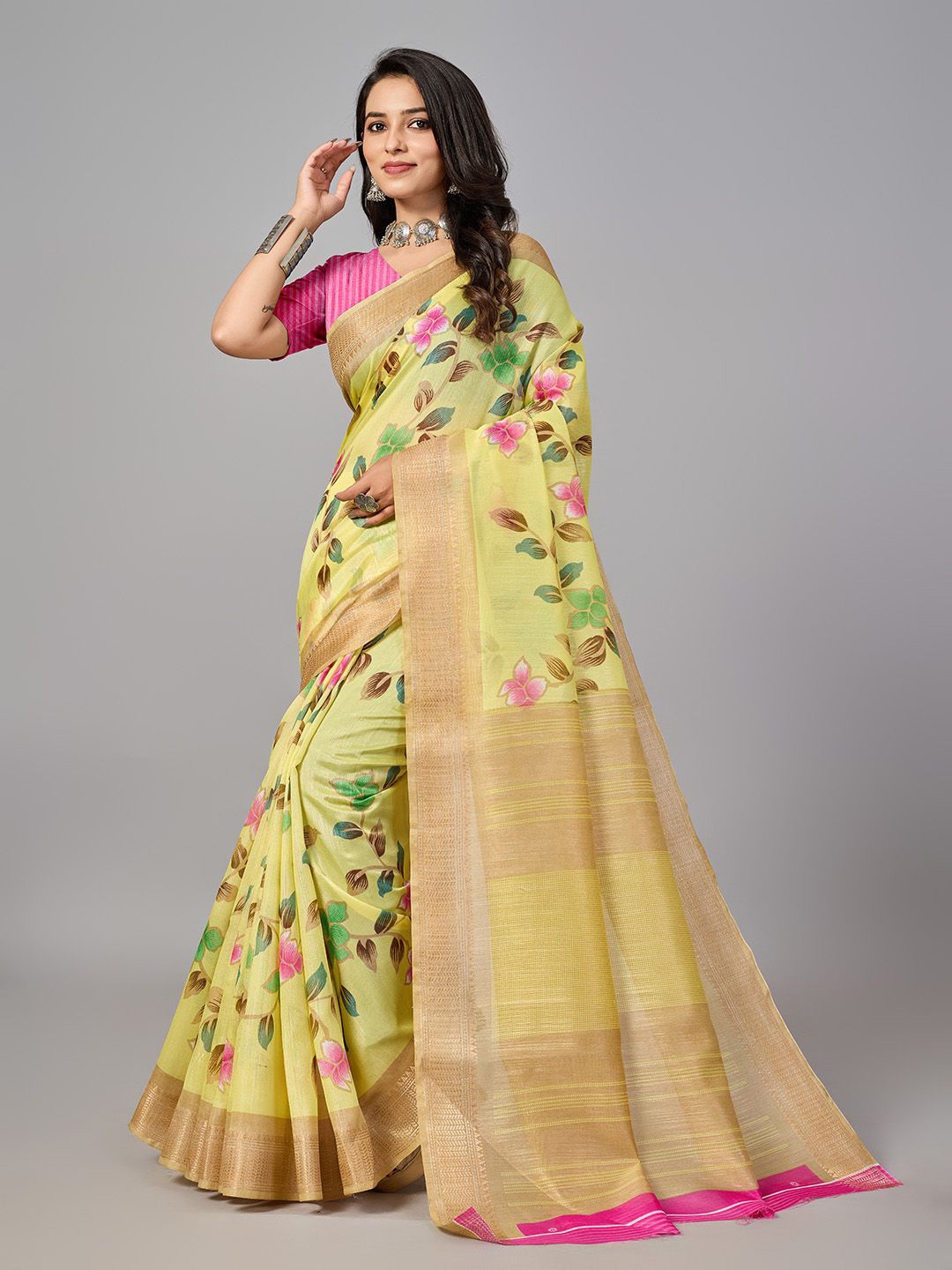 

NIRMAL CREATION Floral Pure Cotton Saree, Yellow