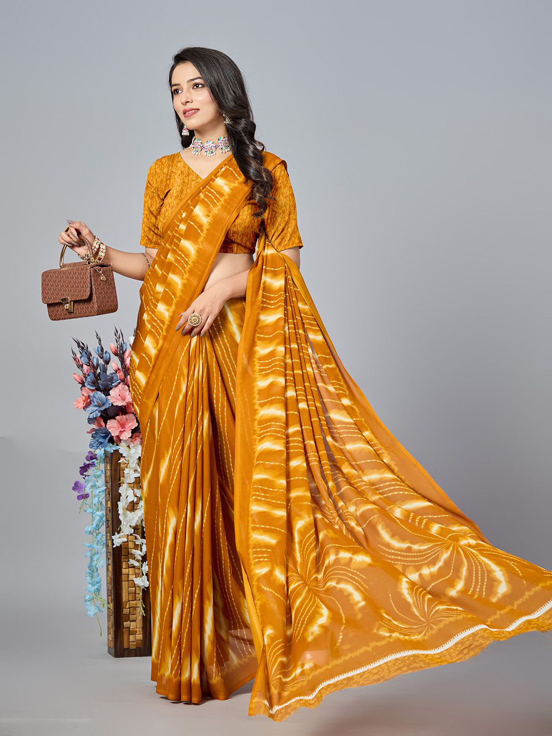 

NIRMAL CREATION Striped Saree with Blouse, Mustard