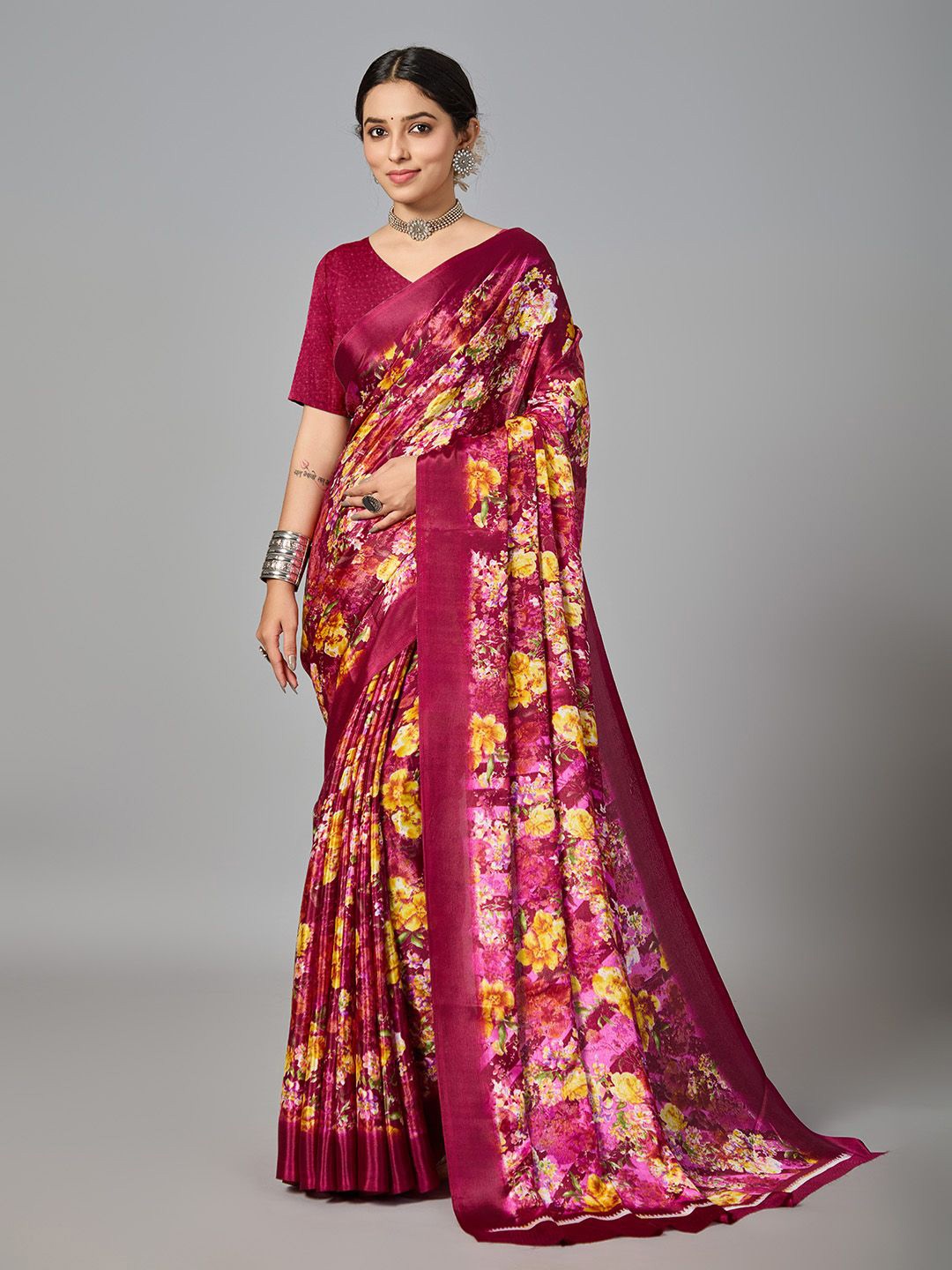

NIRMAL CREATION Floral Pure Cotton Saree, Rose