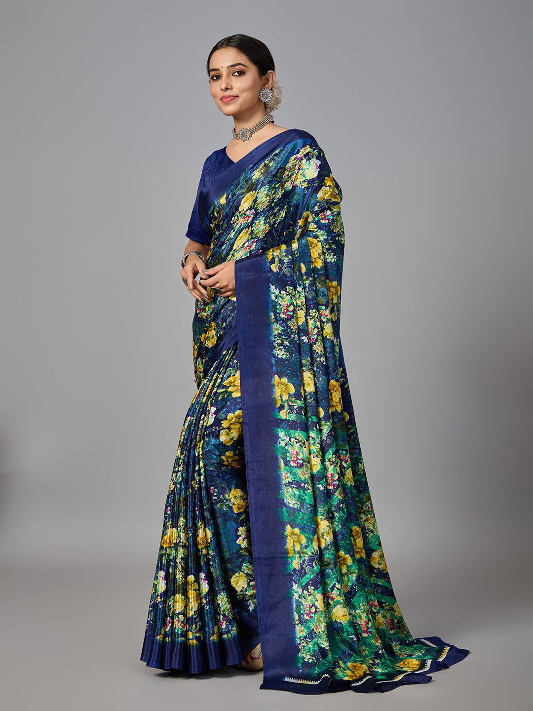 

NIRMAL CREATION Floral Pure Cotton Saree, Navy blue