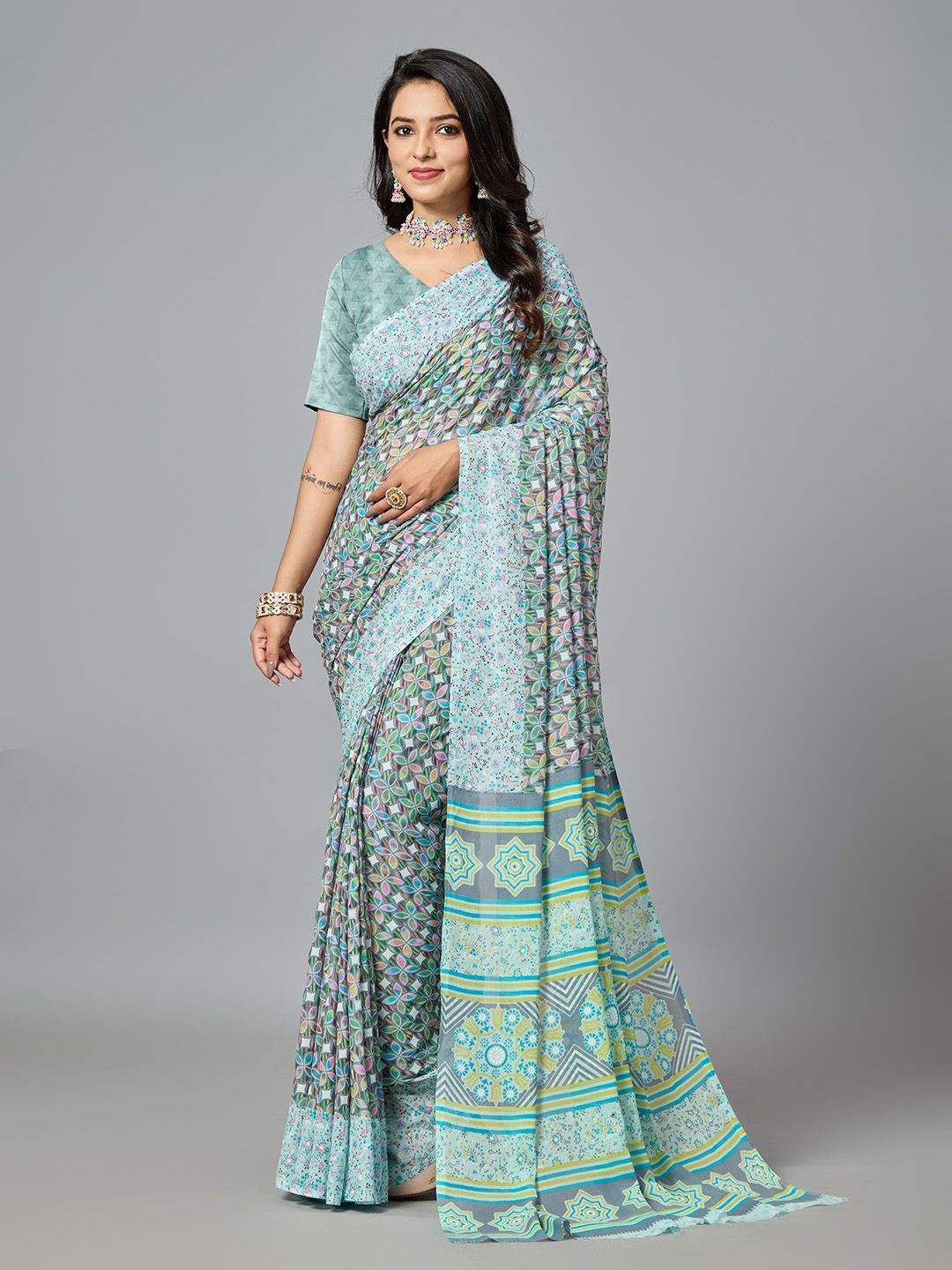 

NIRMAL CREATION Poly Georgette Ethnic Motifs Printed Festive Saree, Blue
